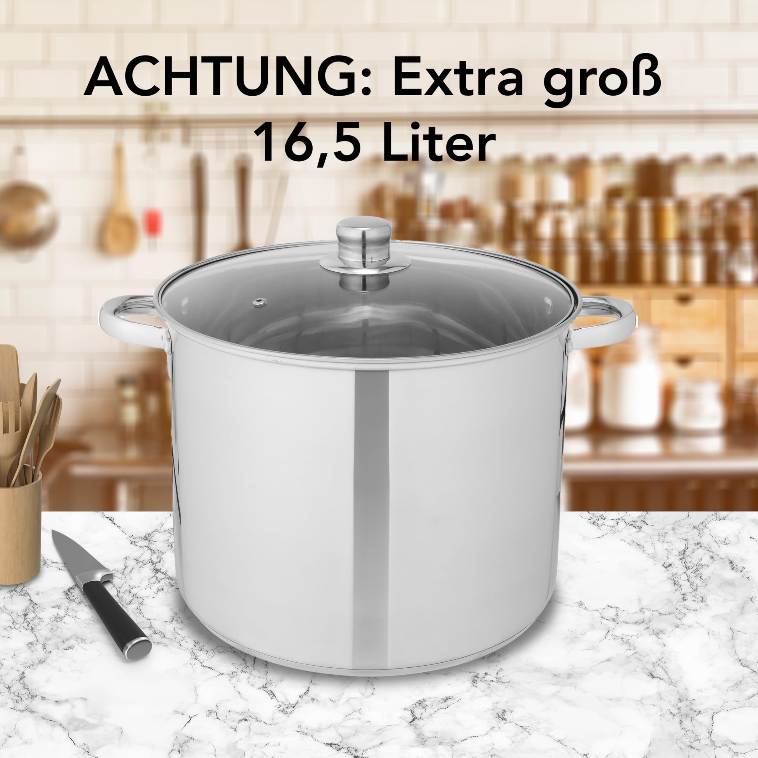 Brixy Suppentopf Kochtopf mit Glasdeckel, 16,5 Liter Fassungsvermögen, 30 cm Durchmesser, Induktionsgeeignet, Edelstahl Silberfarben