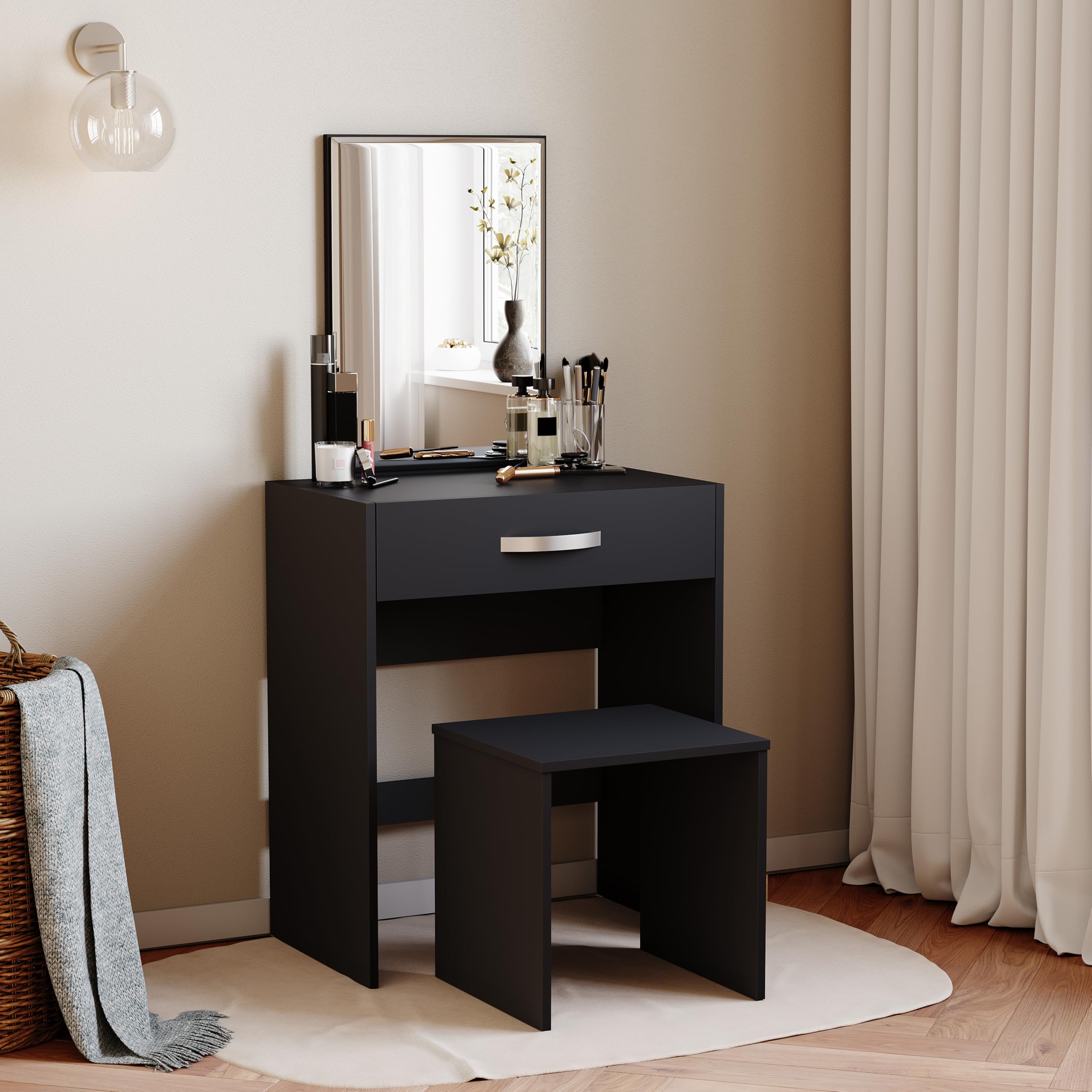 Vida Designs Dressing Table Isla 1 Drawer Mirror & Stool Bedroom Set Makeup Vanity Cosmetics Storage Desk Dresser Furniture Black