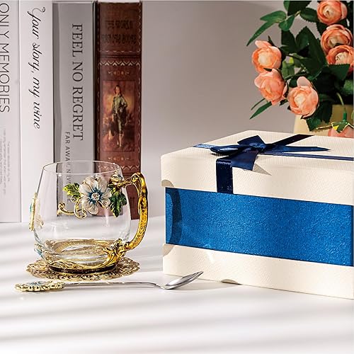 Vista 48 de Taza de té de flores, taza de café de cristal transparente con cuchara, caja de regalo para su madre, esposa, abuela, niñas, amigos, San Valentín