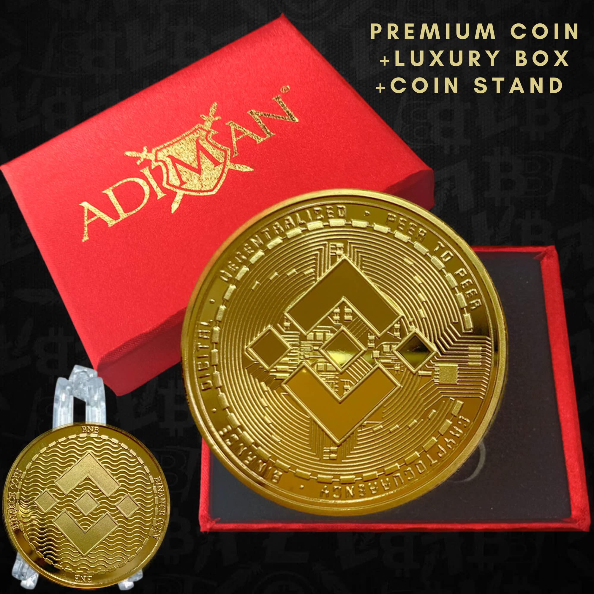 Adiman Crypto Coin 1 Oz High Quality Real Metal with Luxury Red Box and  Plastic Coin Stand Rare Collectible Coin (Binance Gold) : Amazon.in: Toys &  Games