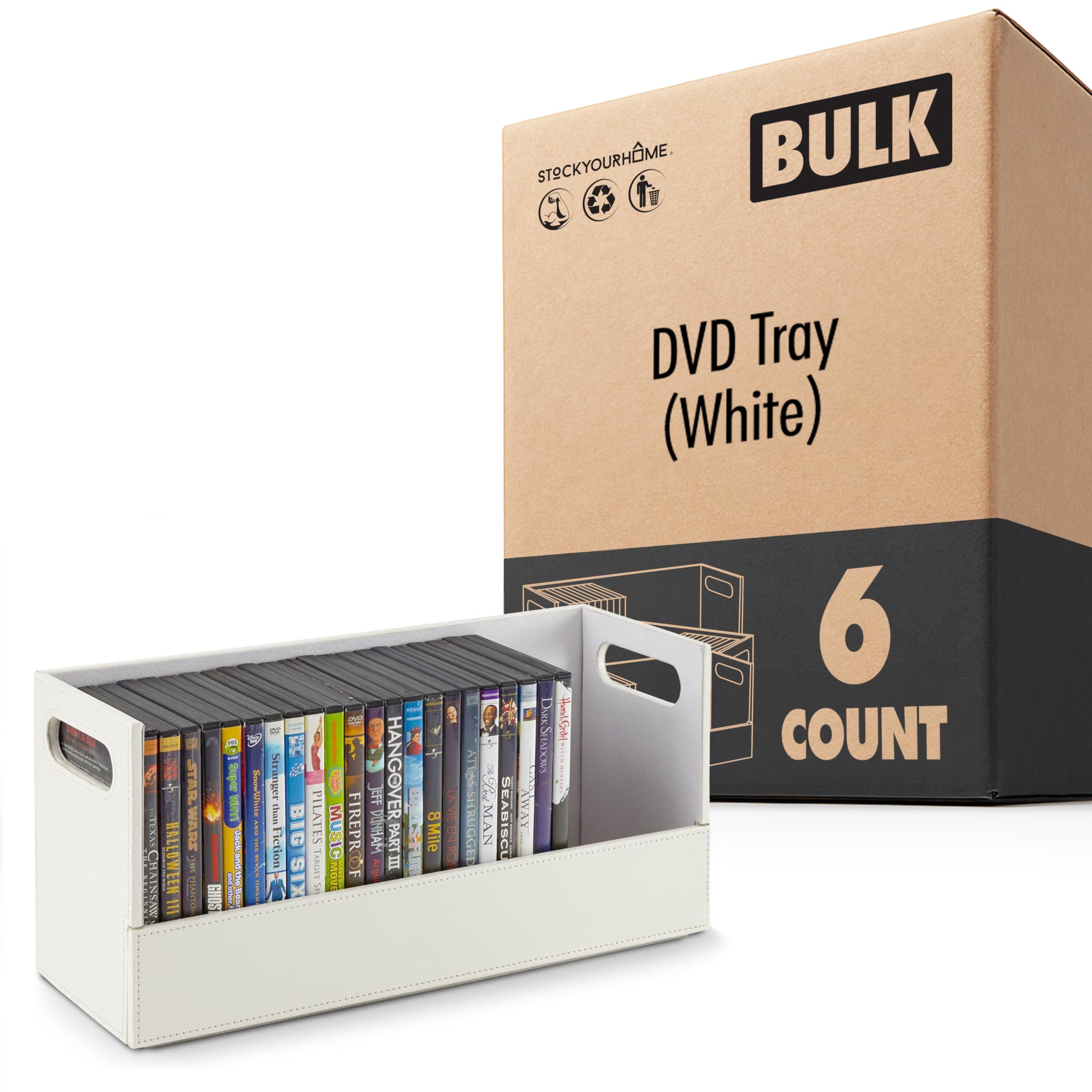 Stock Your Home DVD Storage Box, 6 - Pack Movie Shelf Organizer for Blu-Ray, Video Game Cases, CDs, VHS Tape Display Stand, Disc Holder Can Store Up to 28 DVDs, Faux Leather (White)