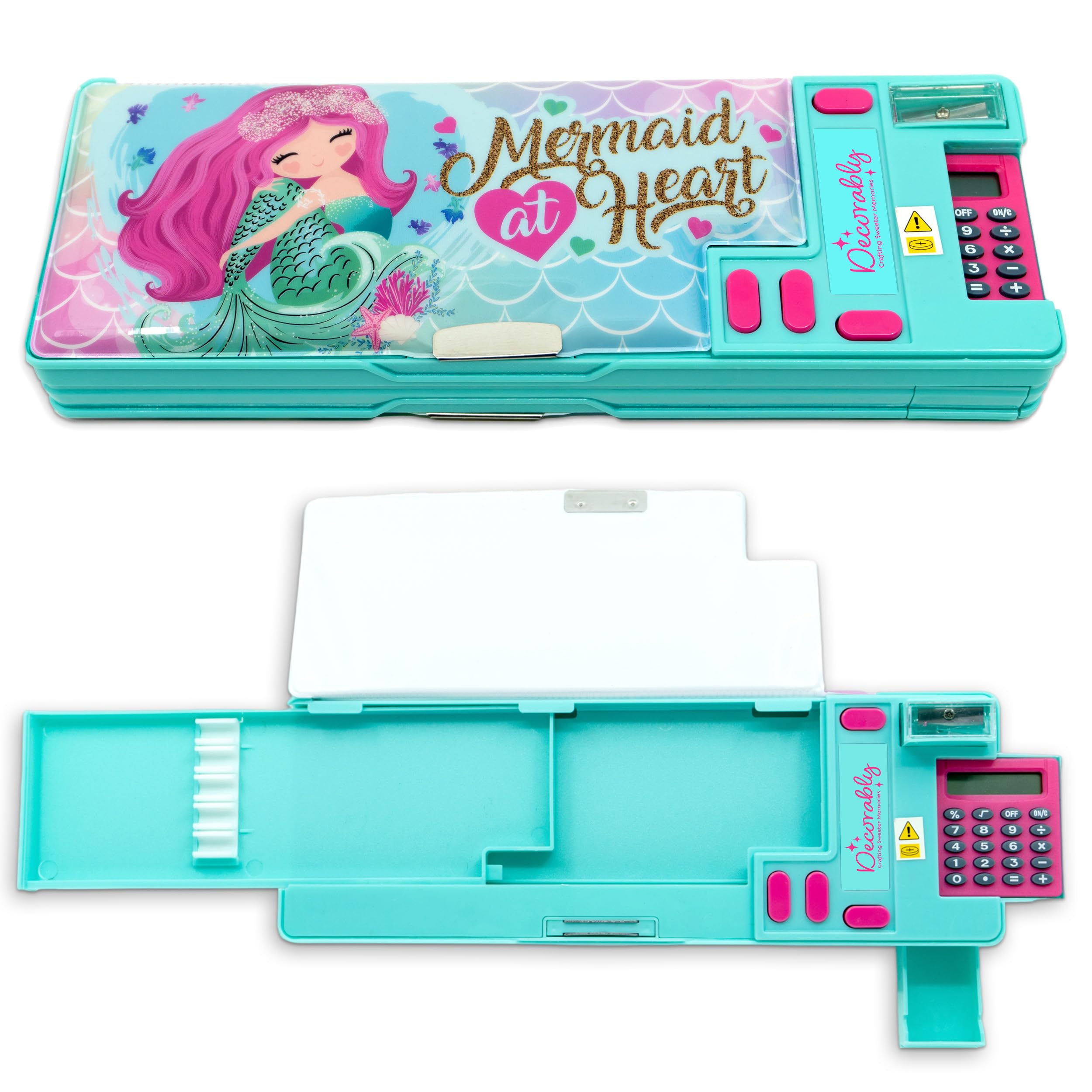 Decorably Pop Up Multifunction Mermaid Pencil Case for Girls, with Calculator, Sharpener, Pen Slots, Mini Drawer and 2 Main Compartments with Magnetic Closure - Back to School Gift for Kids