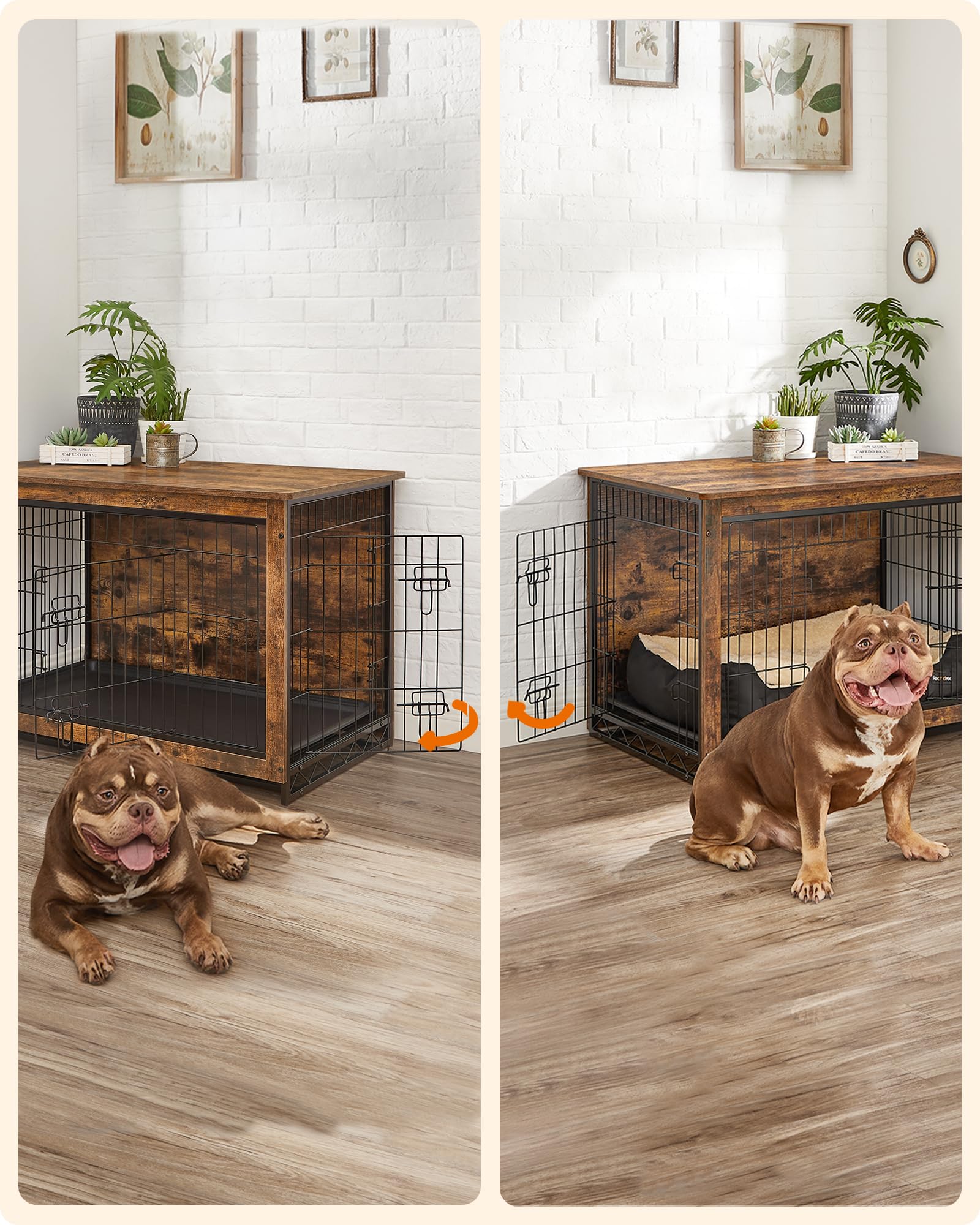 Feandrea Hondenkooi Meubels, Bijzettafel, Hondenbench, Modern Hondenhok voor Binnen voor Honden tot 37 kg, Robuust, Gesloten Vloer, Hondenhok met 2 Deuren, Vintage Bruin PFC024X01
