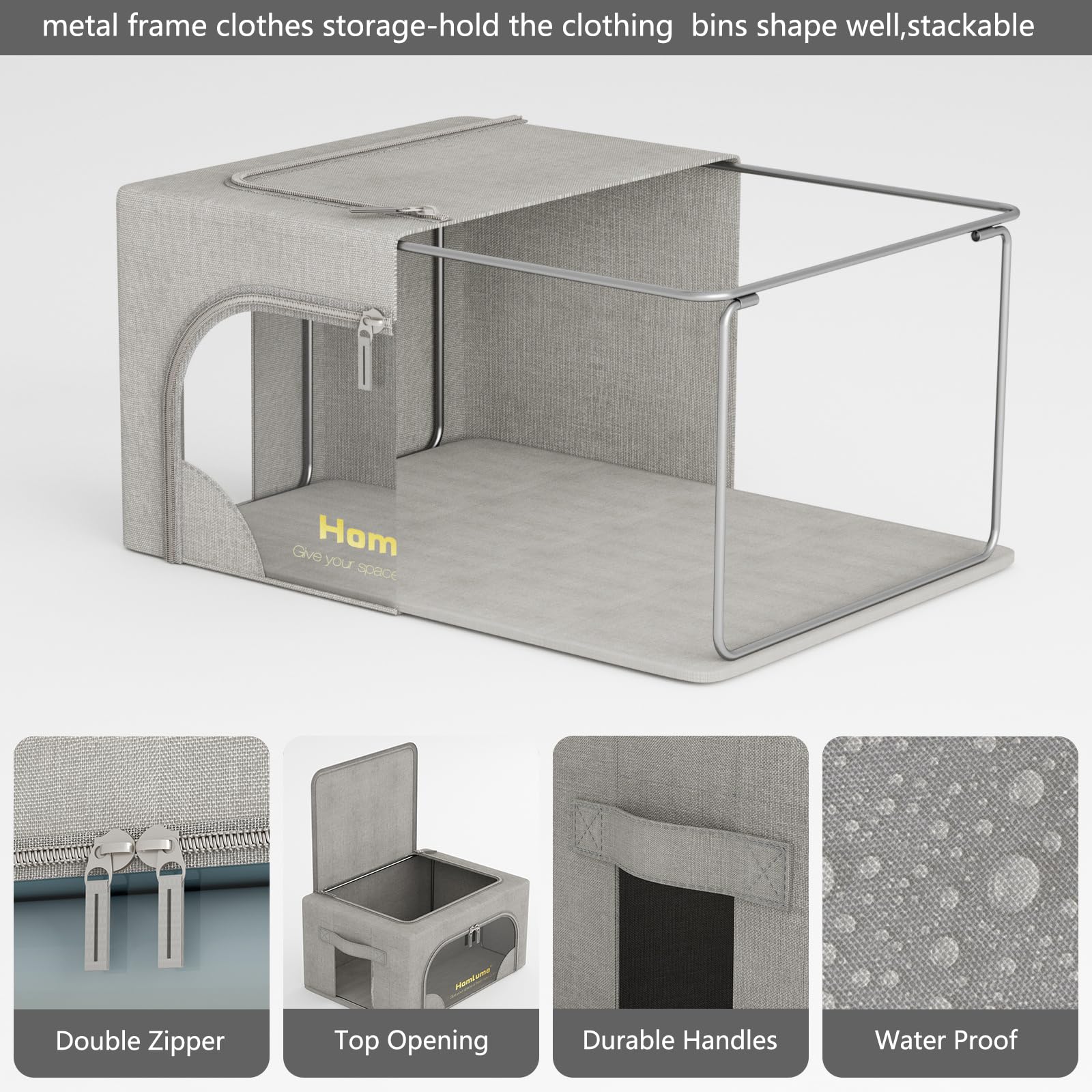 Homlume 3 Packs Storage Boxes for Clothes Collapsible Storage Bins with Cedar Wood Piece, Linen with Metal Supports and Durable Handles Metal Storage box,Clear Window with Zippers (Light Grey,36L)