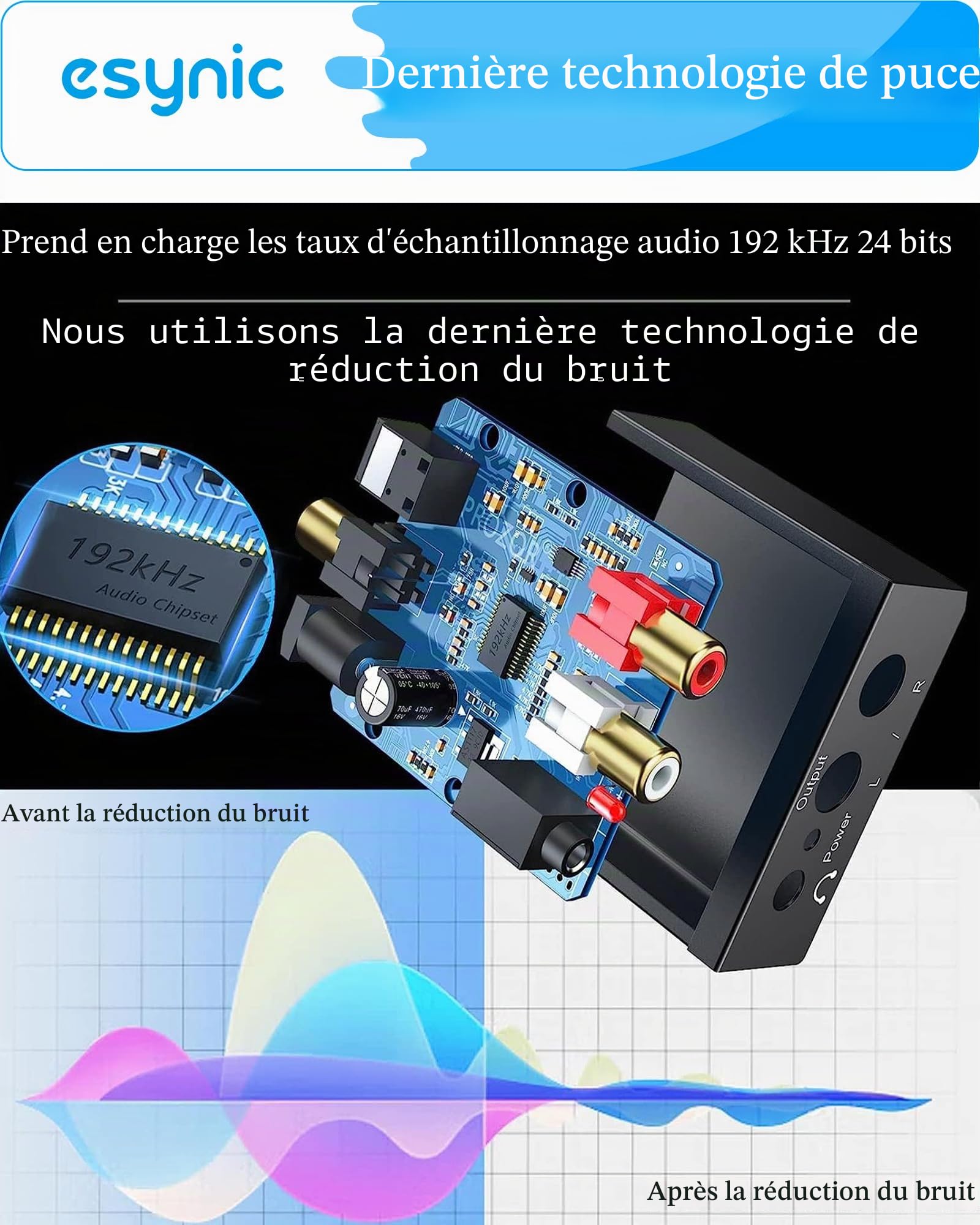 eSynic DAC convertisseur audio numérique vers analogique RCA L/R 3,5 mm câble optique PS3 Xbox 360 HDTV