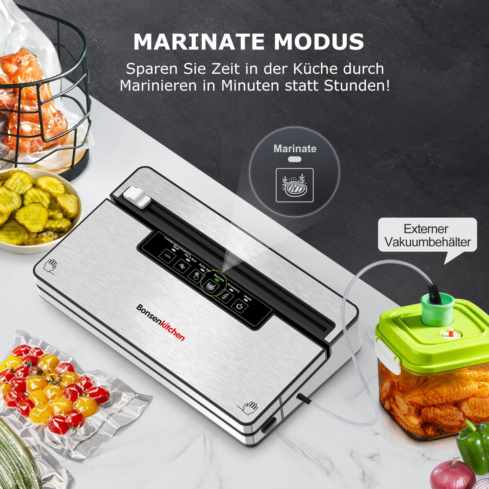 Bonsenkitchen Vakuumierer Stark Vakuumiergerät 5 Modi 8 L/Min Globefish-Technologie Kontinuierliches Arbeiten Hohe Geschwindigkeit 5 Vakuumbeutel 1 Rollbeutel