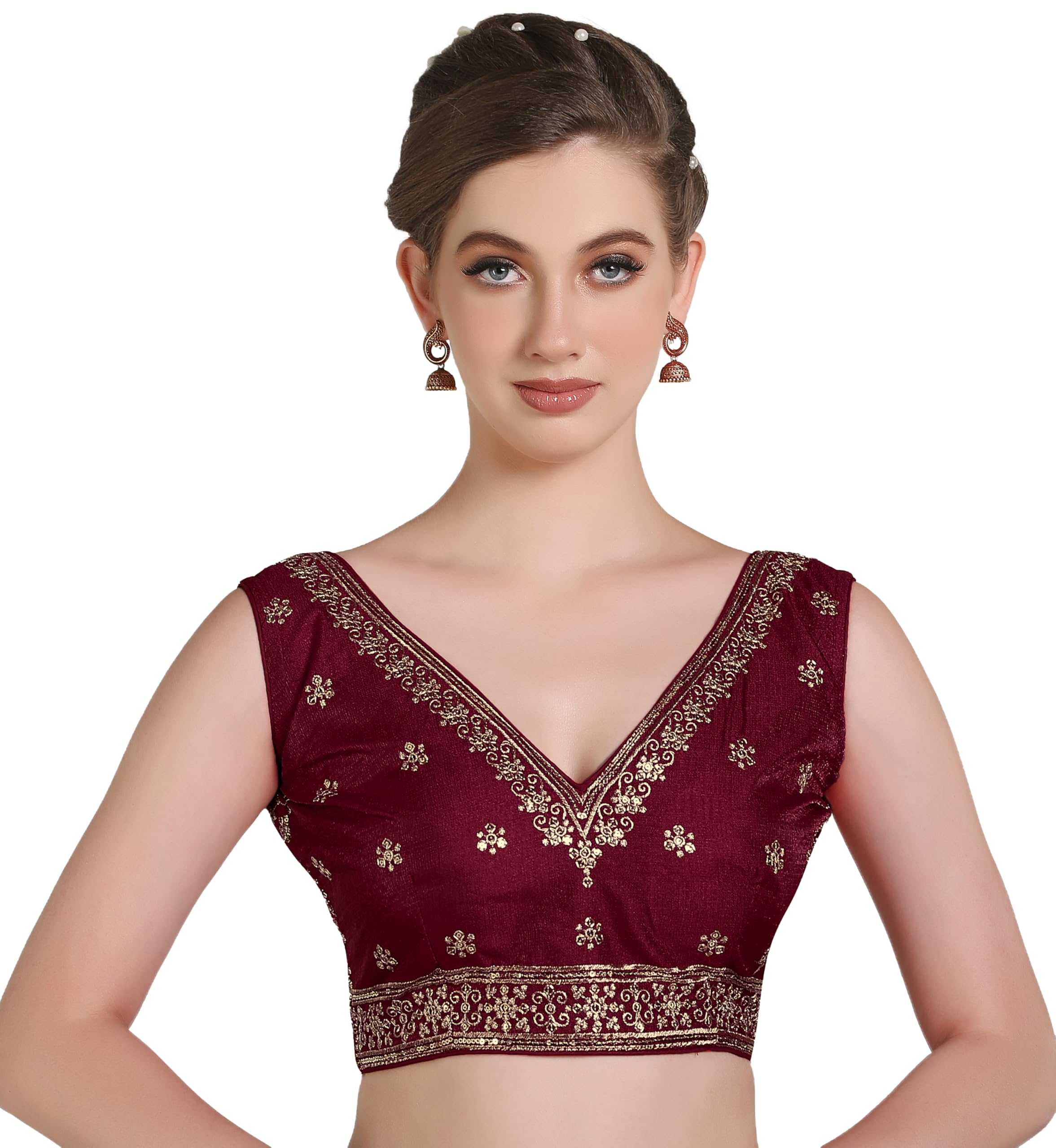 Pujia Mills Women's Indian Ethnic Wear Designer Gold Zari Embroidery With Sequence Work V Neck Sleeveless Readymade Back Side Worked Saree Blouse (Maroon, 32)