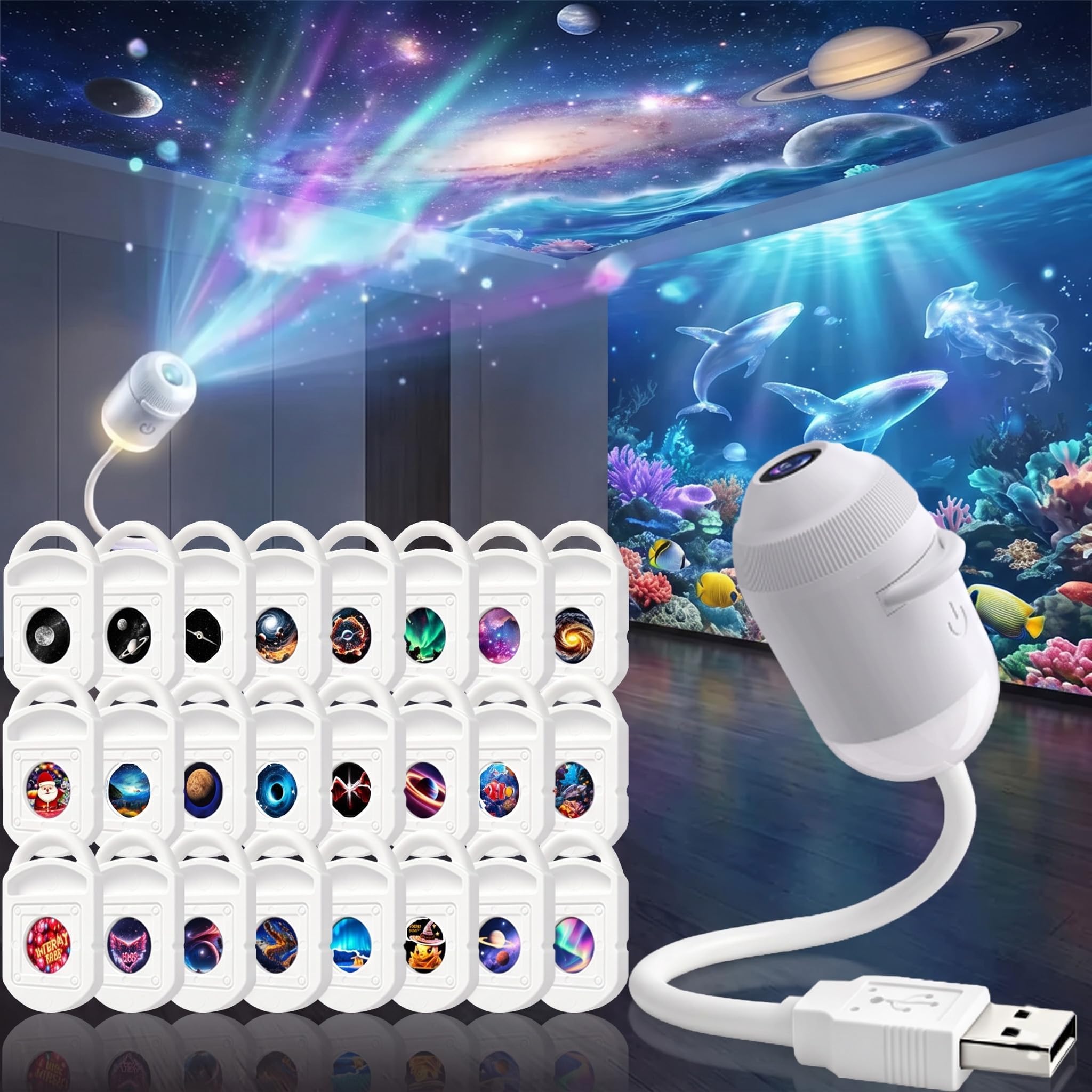 2026 New HD Smart Dynamic 5D Holographic Night Light Projector, Plug and Play HD Star Projector with Projection Films, 360° USB Galaxy & Moon Projectors Light for Bedroom Car Roof，with 24 Films