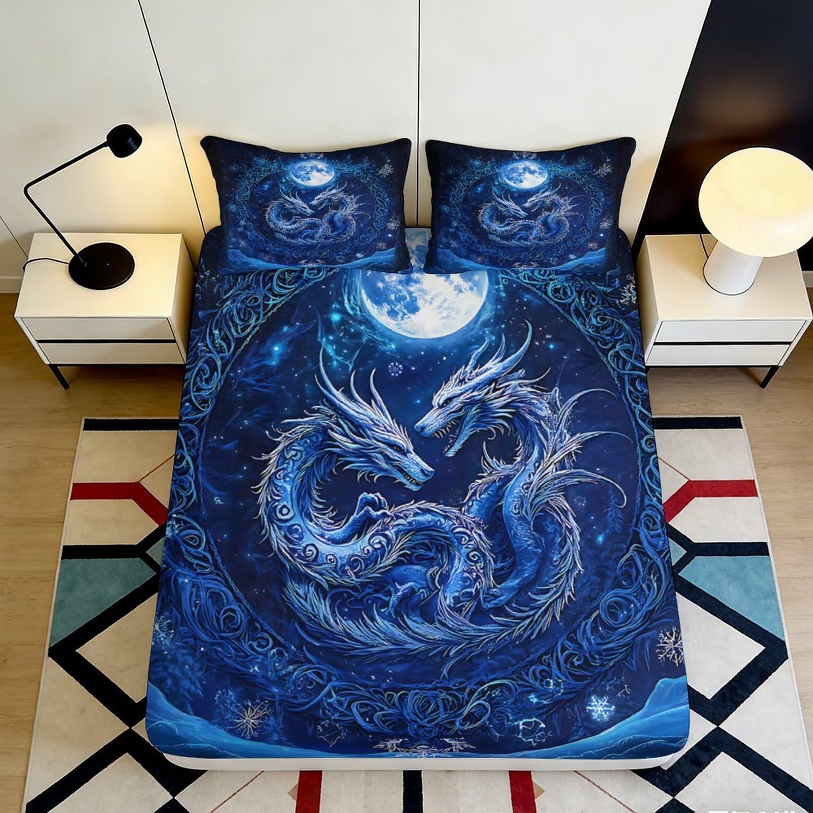 3D Printed Blue Moon Dragon Fitted Sheet Microfiber Soft Decor Night Sky Bed Cover Bedroom Dorm Protection 90x200x25cm