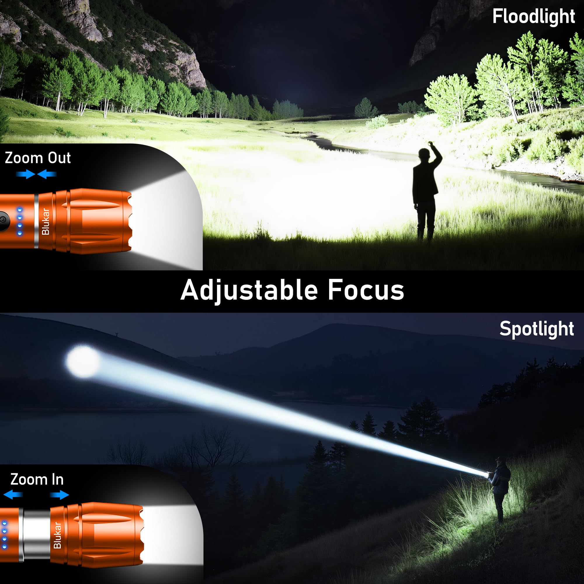 Torcia LED Ricaricabile 10 Modalità, Zoomabile, Impermeabile IPX6 – Super Luminosa, Con Luce Calda E Fredda, Ideale Per Campeggio Ed Emergenze