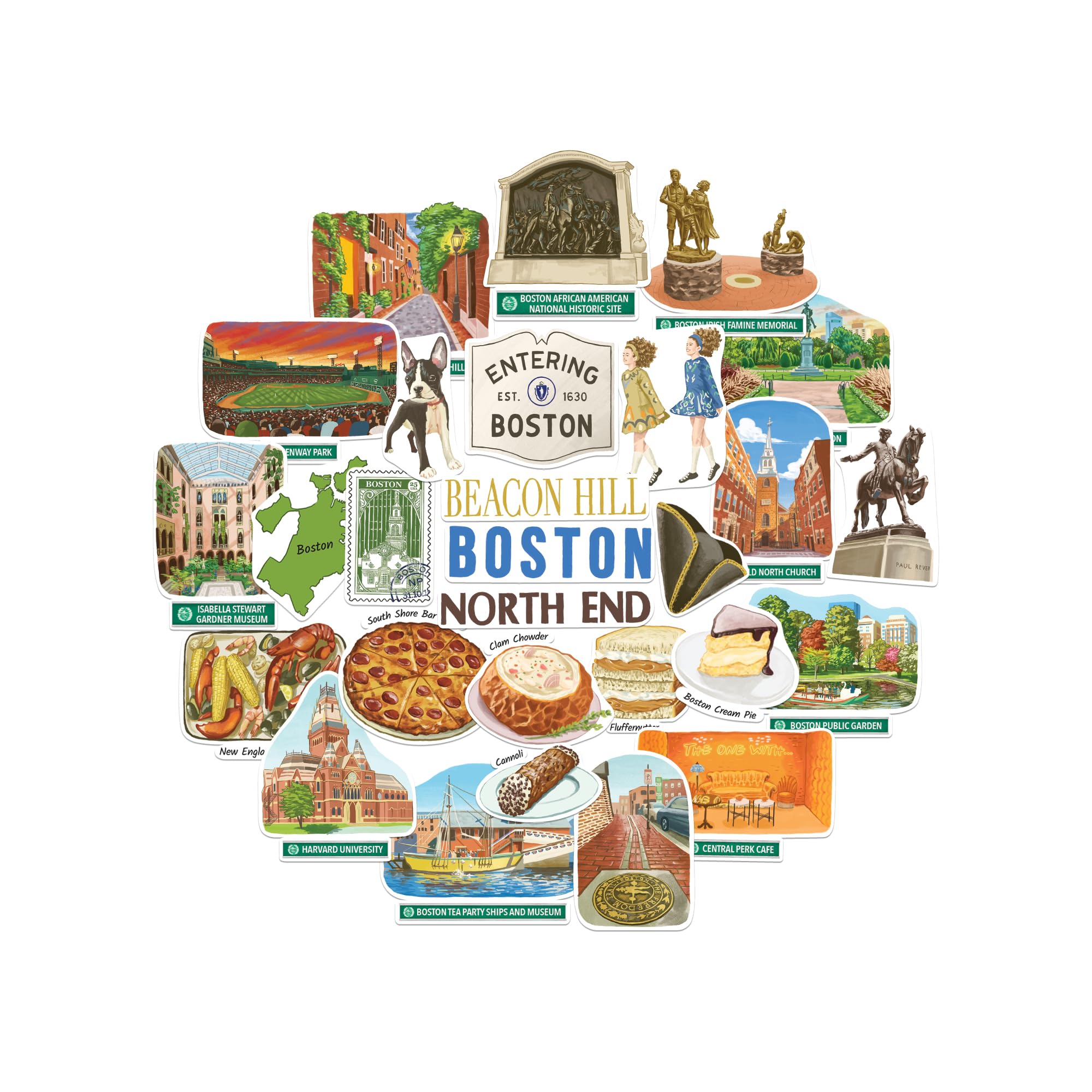 Navy Peony Multicolored Historic Boston Statement Stickers - Hand-Illustrated Gouache, Glossy, Waterproof - For Suitcases, Laptops, Water Bottles (28-Piece Set)