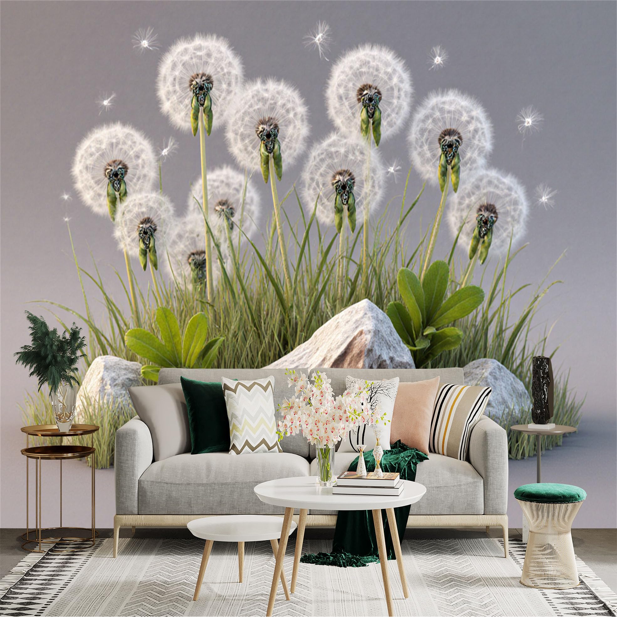 Custom Size Wall Sticker Mural， Fluffy Dandelion Seeds， Nature Botanical Plant， Rocks in Meadow， Modern Minimalist Art， for wall Decoration， peelandstick wall Decals.