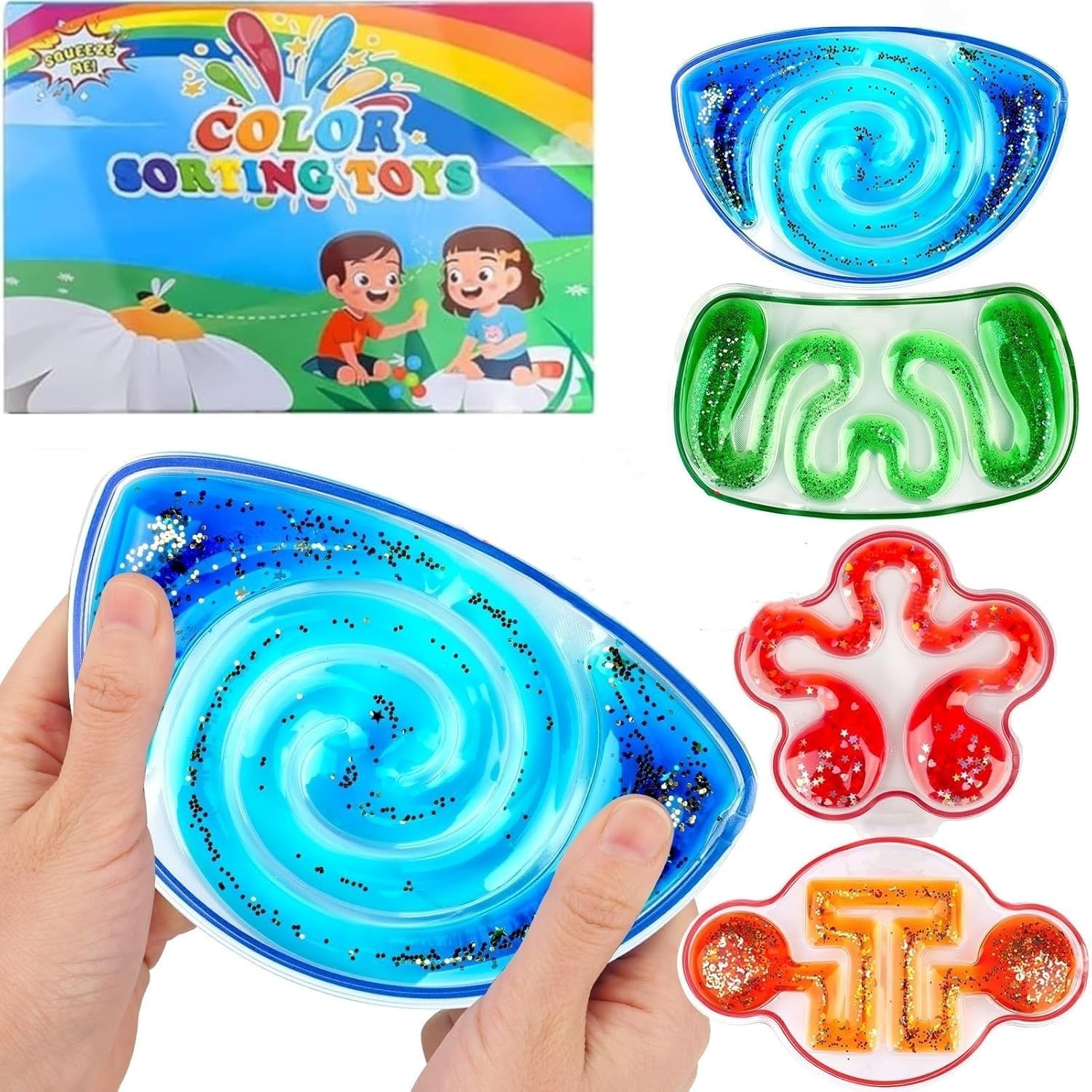 JoyJoyful 4 Pack Maze Sensory Toys, Squishy Fidget Toys for Kids Adults, Autism Stress Adhd Toys, Glitter, Prizes for Kids Classroom, Goodie Bags Stuffers, Gel Filled Relief Toy