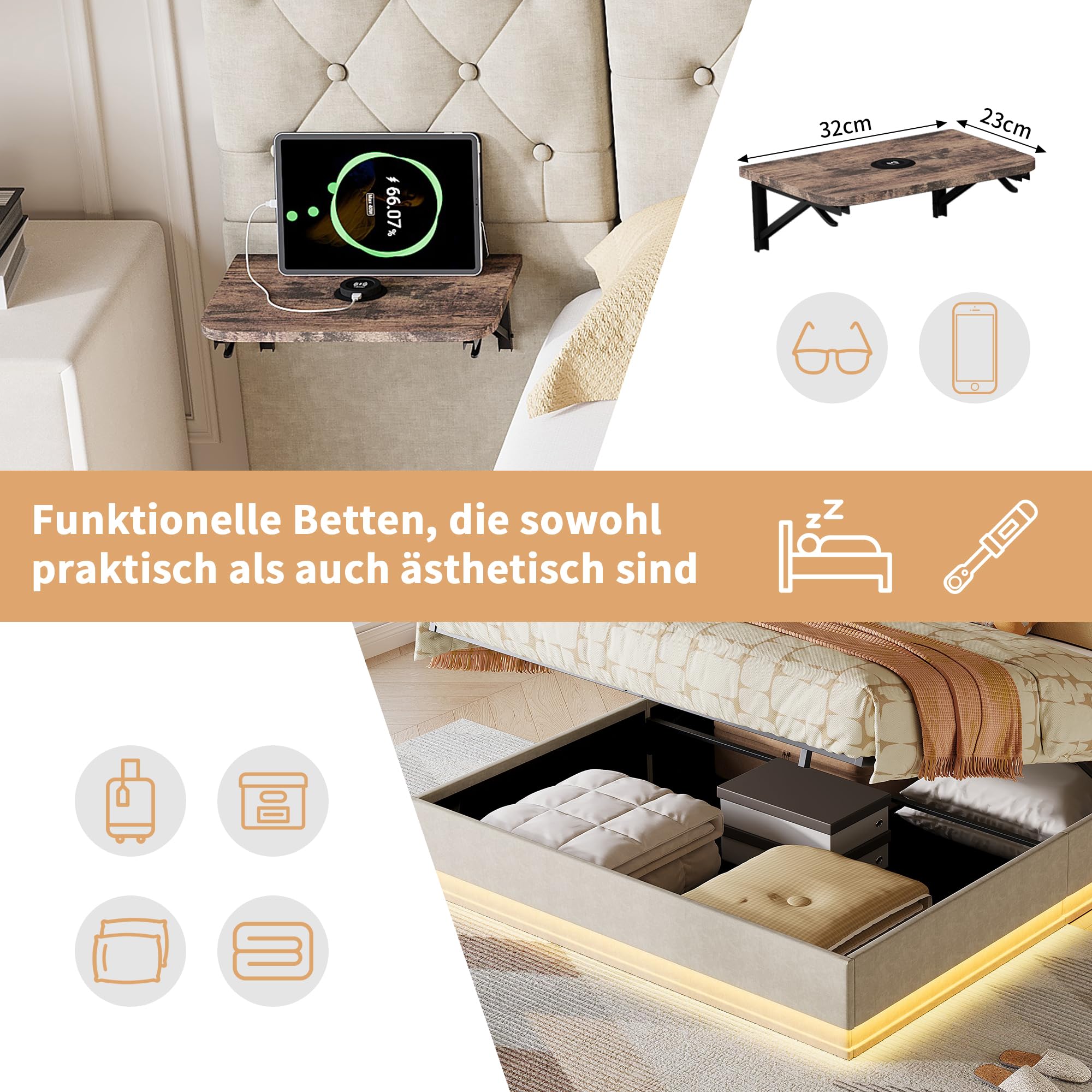 Bett 140x200 mit Bettkasten, Polsterbett mit LED und USB, Doppelbett mit Langem Kopfteil mit Ablage, Jugendbett, Boxspringbett Bettgestell mit Lattenrost, Leinen, Beige, ohne Matratze