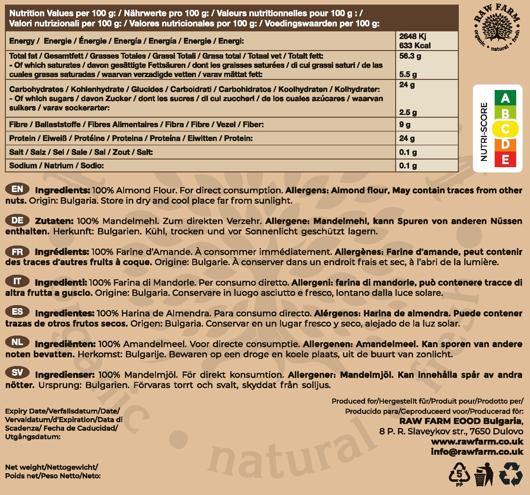 Raw Farm – Farine d’amandes 1 kg, finement moulue à partir d’amandes blanchies, sans gluten, compatible keto, idéale pour la pâtisserie, la cuisine et les recettes saines