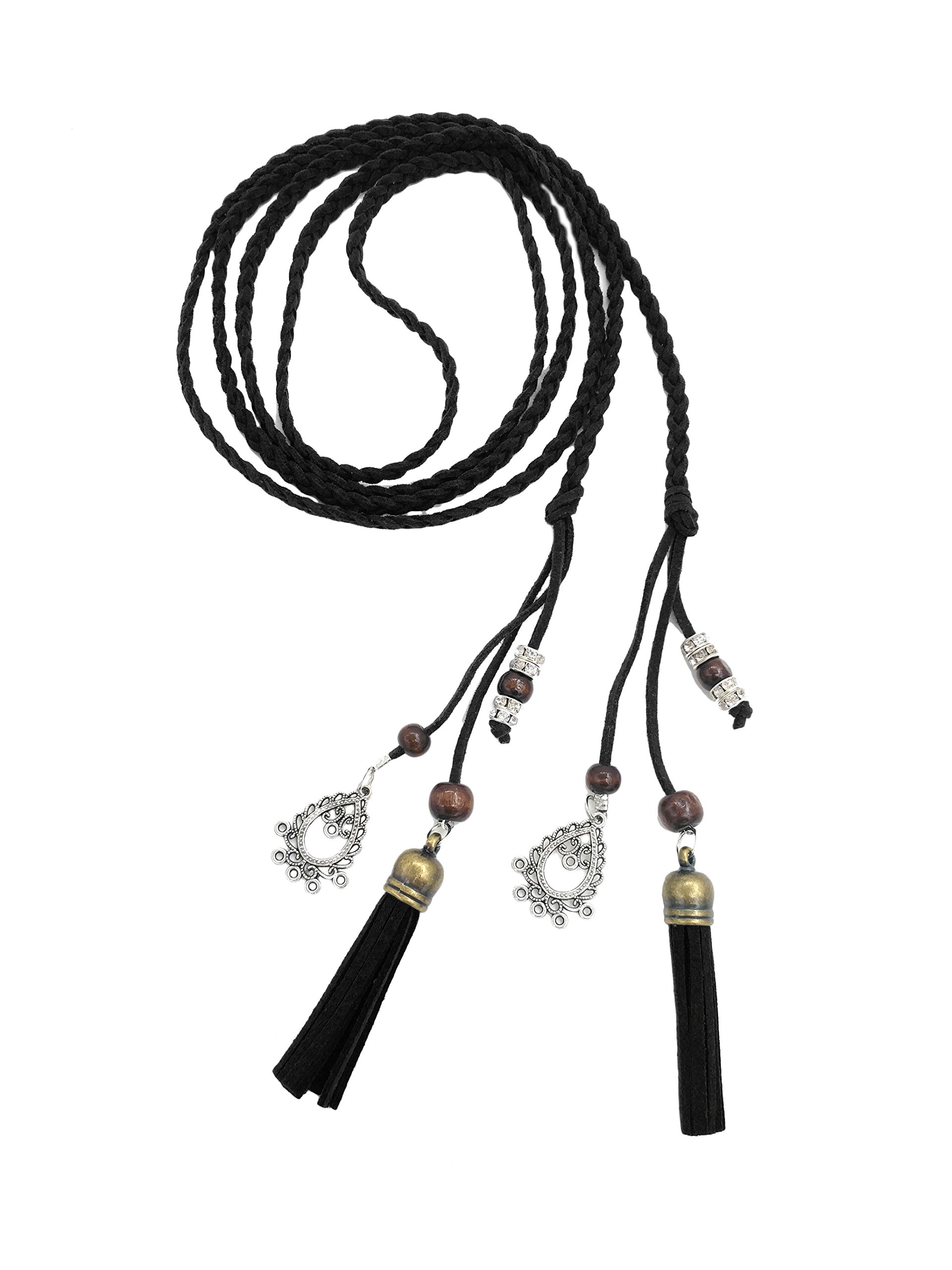 Exotische Damen Mädchen Gürtel Bauchkette mit Quaste und Holzperlen 150cm Lang Geflochtene Waist Belt