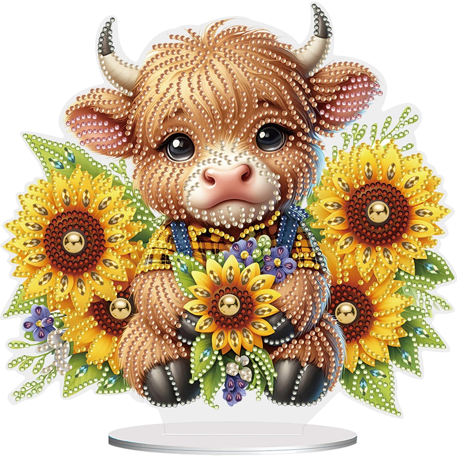 DIY Diamond Painting Desktop Ornament Kit, 2D Flat Print Yak Sunflower Tabletop Decoration, Single‑Sided Crystal Rhinestone Crafting Set for Adults – Home Office Gift, Relaxing Hobby