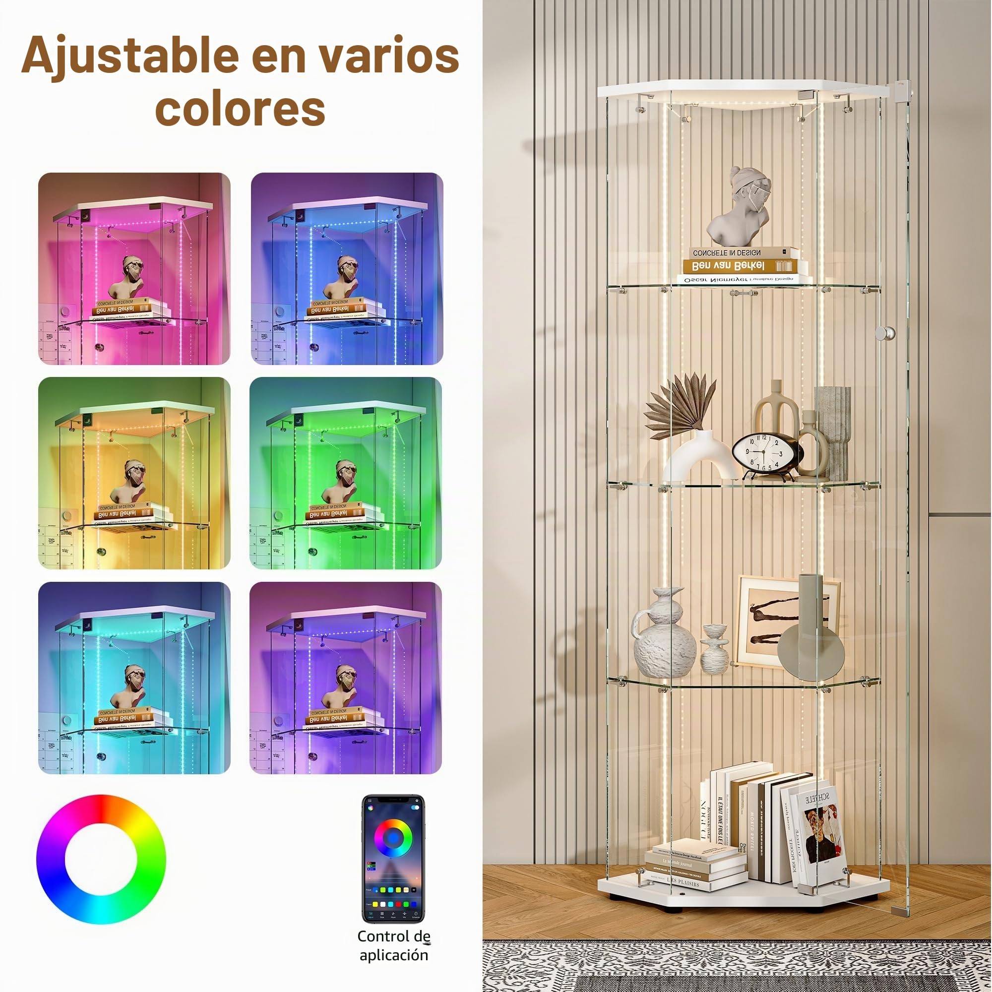 Escaparate de cristal con iluminación LED, armario de colección moderno de cristal de 4 capas, 1 puerta, con puerta y cerradura de armario, almacenamiento (blanco 5 lados A, 1 puerta, 4")
