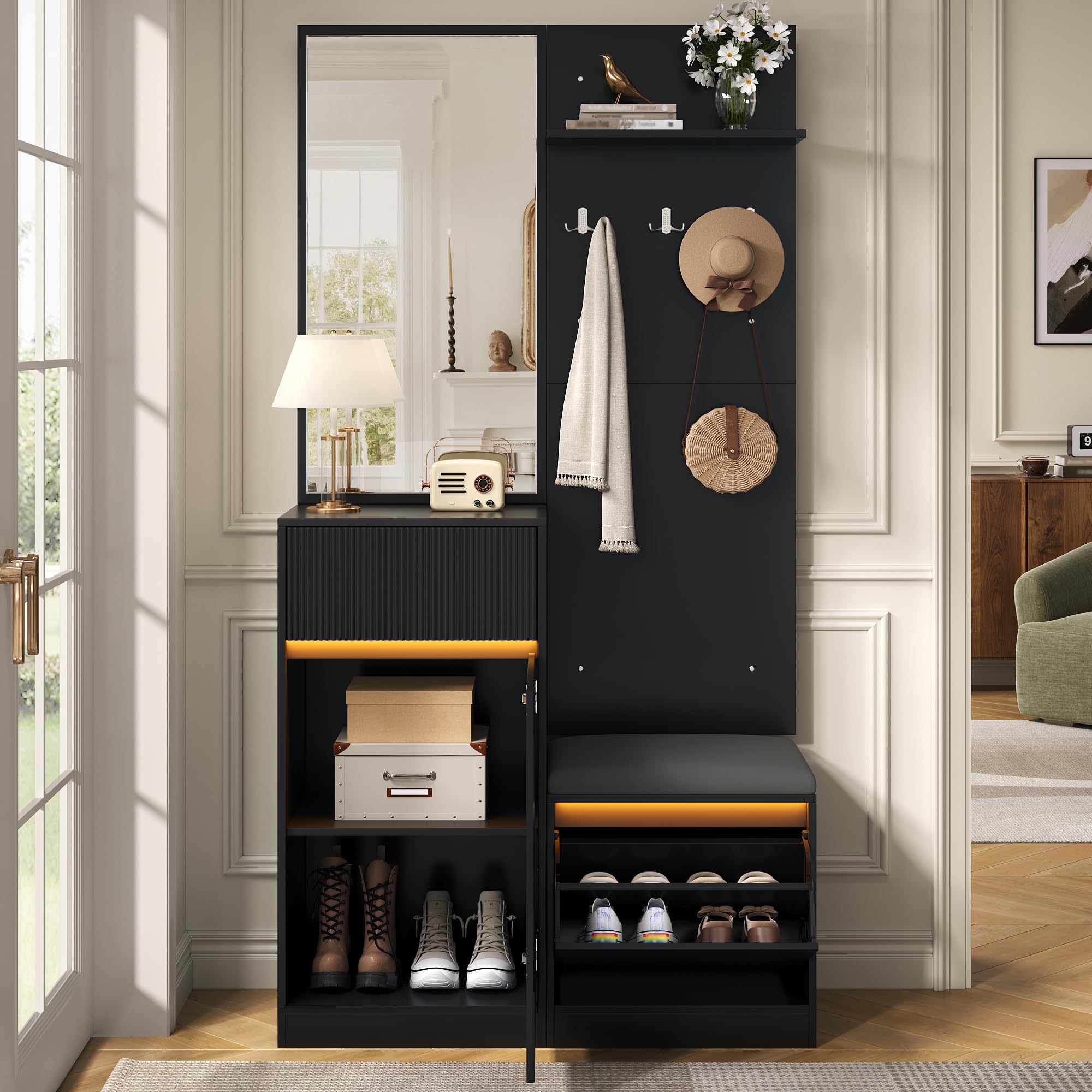 Generisch Kompaktowa garderoba z lustrem LED ławka na buty 105 x 38 x 190 cm czarna