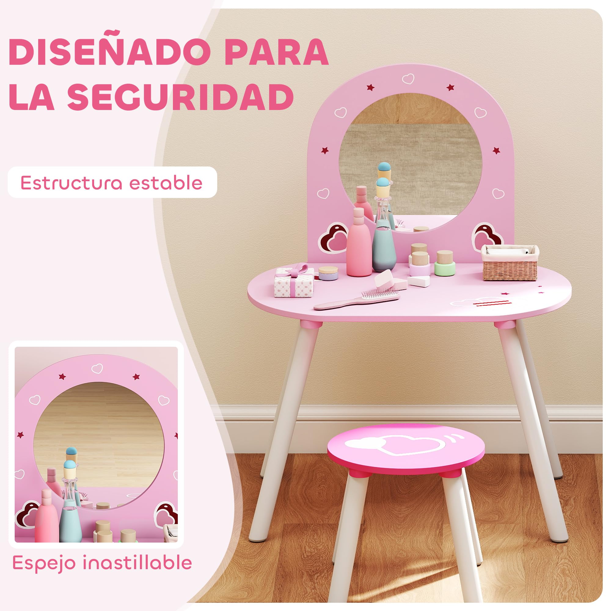 AIYAPLAY Tocador Infantil con Taburete y Espejo, Tocador para Niñas con Dibujos de Corazones, Mesa de Maquillaje para Niños y Niñas de 3-6 Años, Rosa