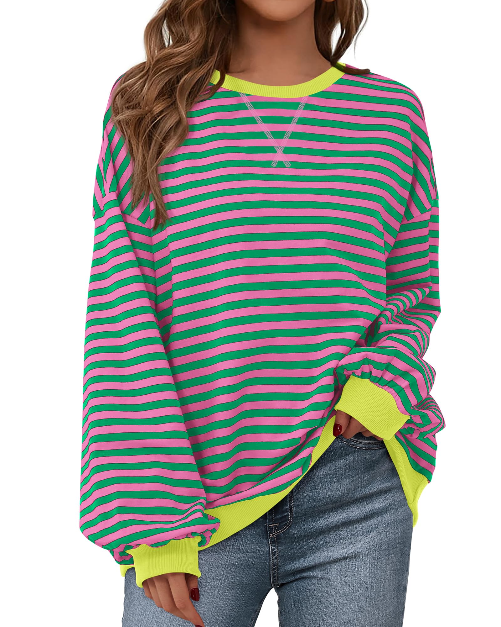 BTFBM Womens Oversized Striped Sweatshirt 2026 Spring Crewneck Long Sleeve Pullover Top Casual Y2K Clothes Workout Shirt