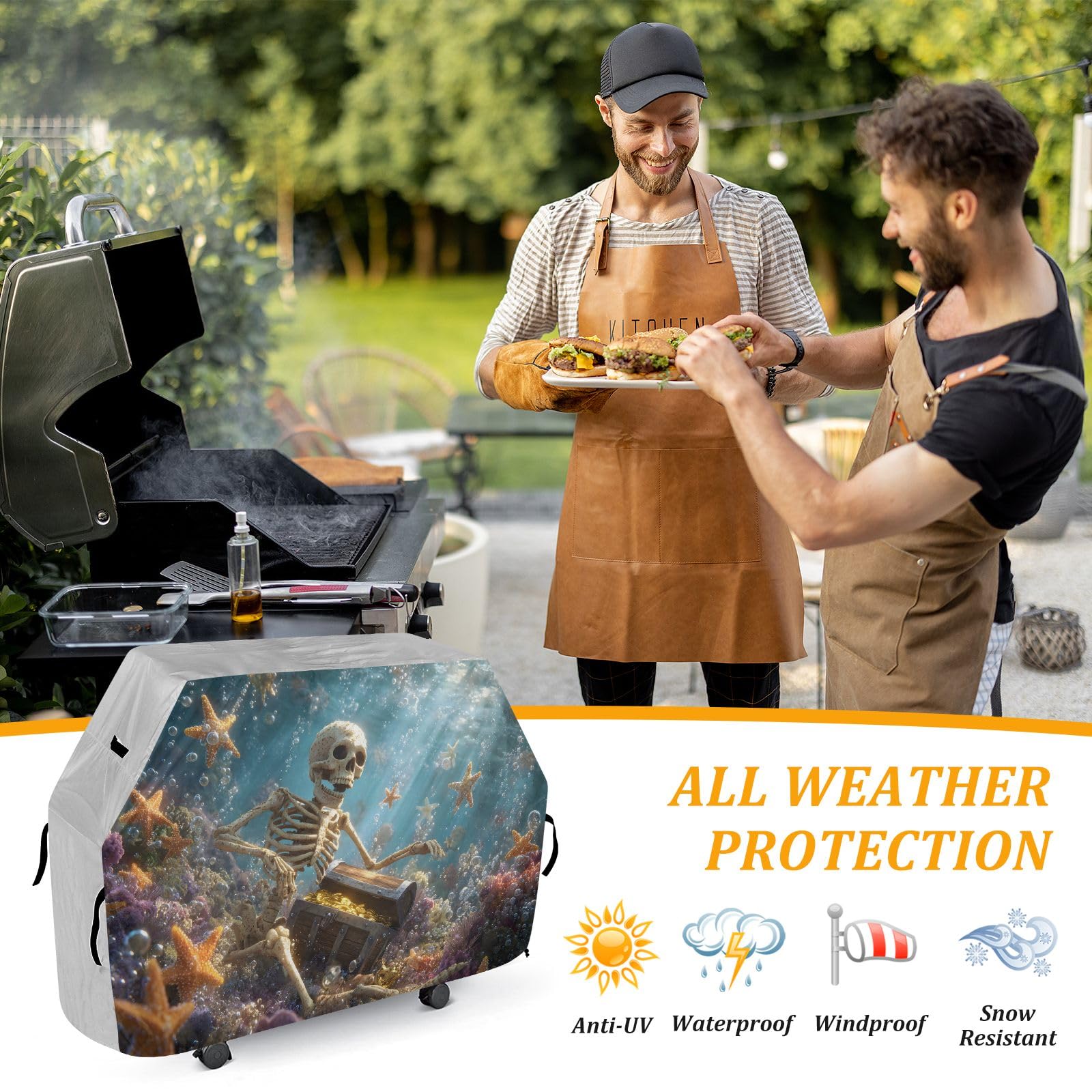 Copertura per barbecue di alta qualità, impermeabile, resistente allo sbiadimento, resistente, adatta per griglie fino a 63 cm, motivo: teschio felice e stella marina
