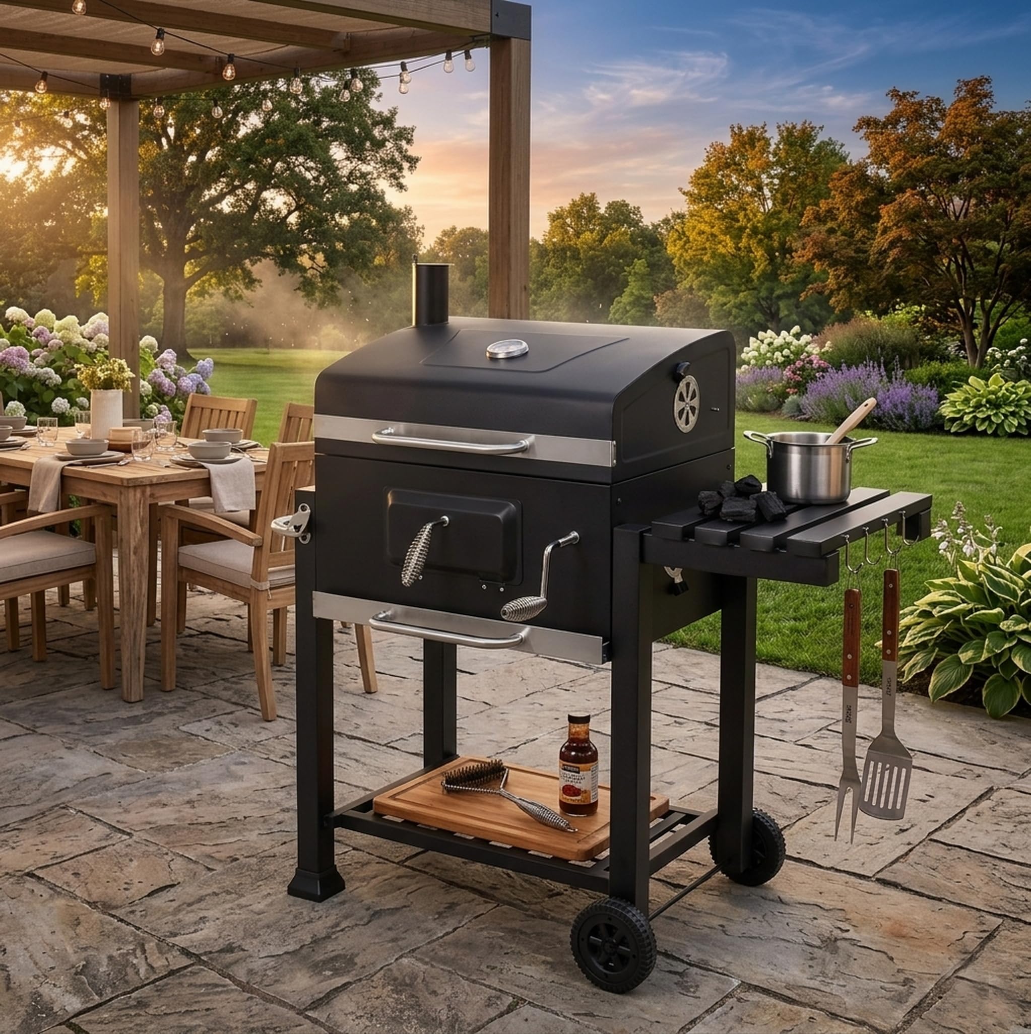 Meridiana Barbecue a Carbonella XXL con Coperchio e Termometro, Griglia in Acciaio Inox