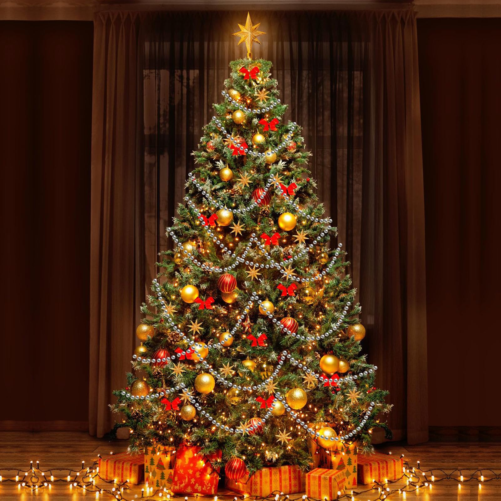 Weihnachtsbaum-Perlen, 15,2 m, Weihnachtsbaum-Girlande, künstliche Perlen, silberfarbene Kunststoff-Perlen-Girlande für Weihnachtsbaum, drinnen und draußen, Heim-Party-Dekorationen