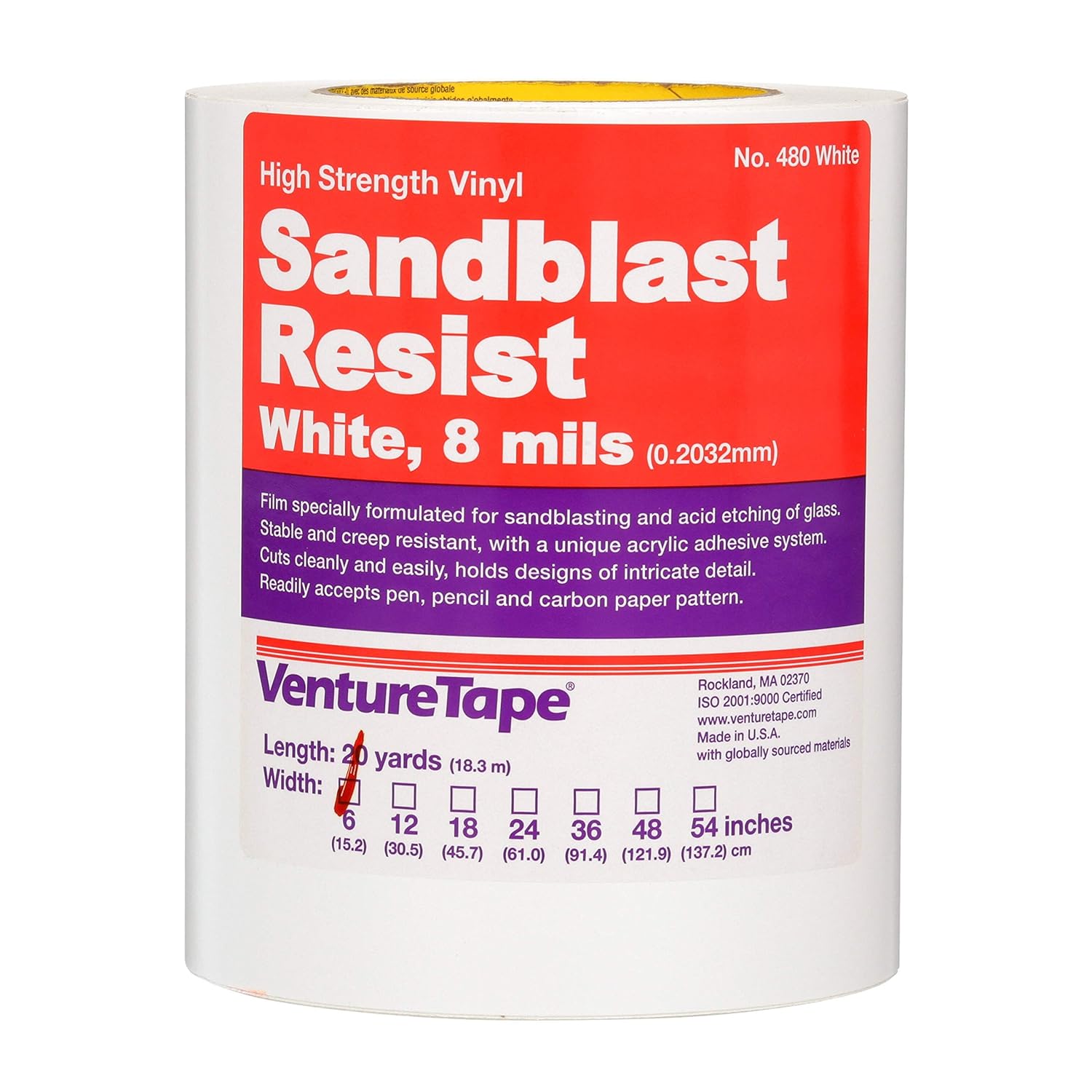 3M Vinyl Sandblast Resist Tape 480V, White, 6 in x 20 yd, 8.0 mil, 8