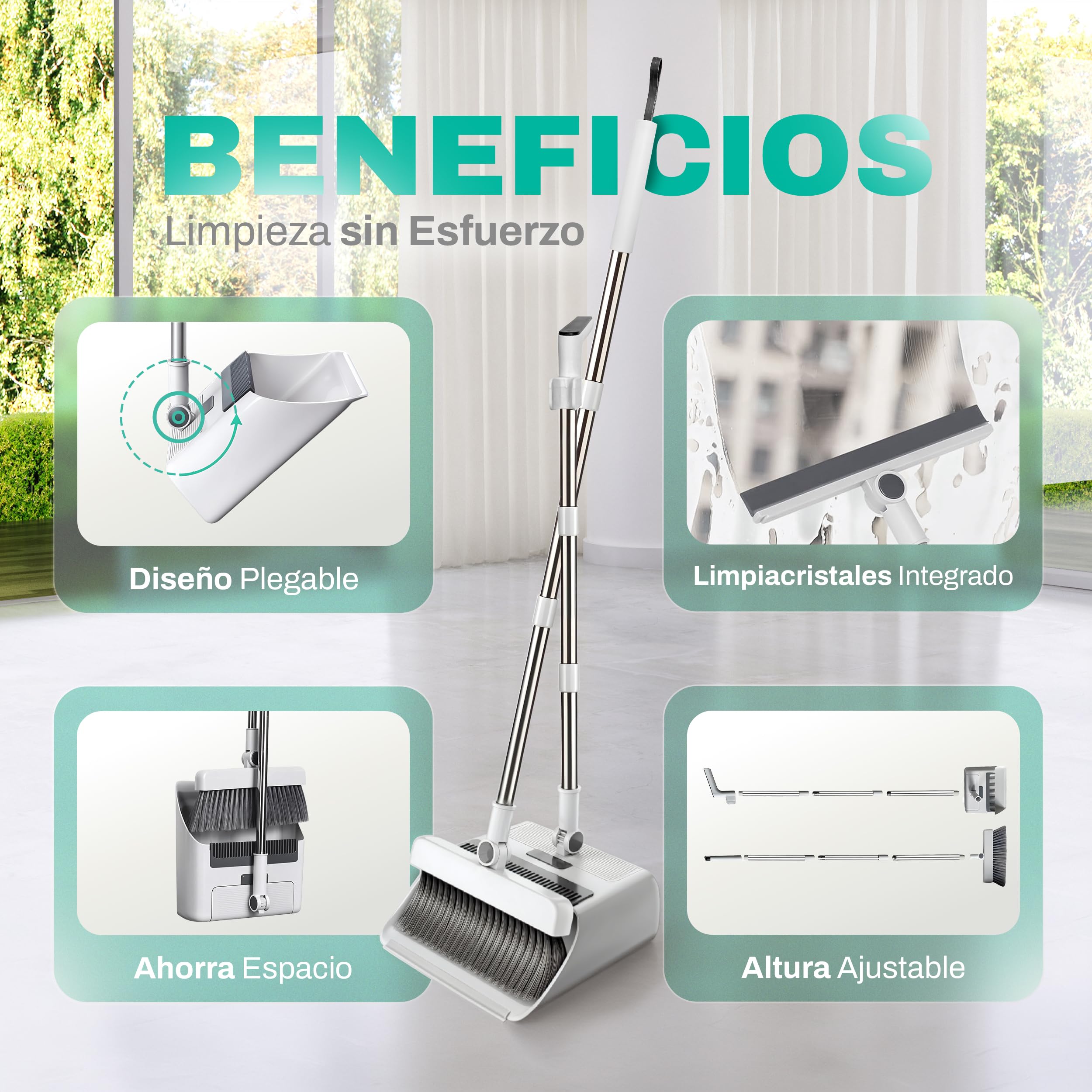 Bione Escoba y Recogedor Plegable con Palo de 126 cm - Set de Limpieza de Escoba 3 en 1 con Cepillo Barrer, Cepillo Duro, Limpiacristales Integrado, Bayeta y Recogedor Basura - Práctico y Compacto