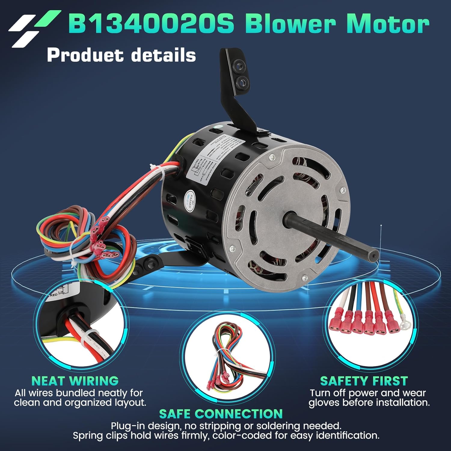 B1340020S Furnace Blower Motor, Replaces for B1340020, B1340020S, B1340004, B1340009, 1/2HP 115V 1075RPM, Compatible with GMP100-4, GMNT080-4, GMPN100-4, GMPN080-4