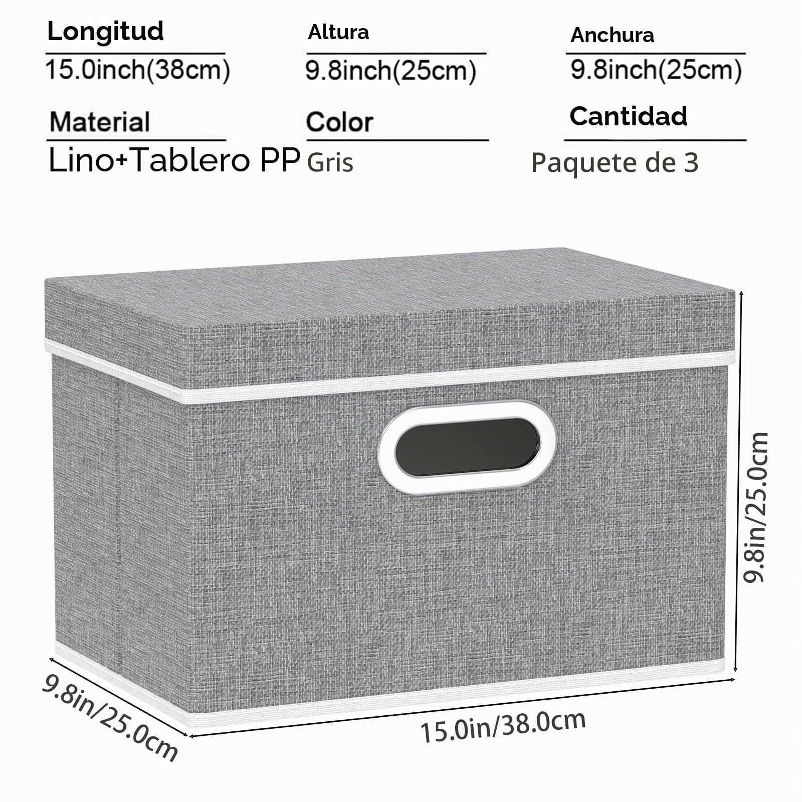 Yawinhe 3 Pack Cajas de Almacenaje con Tapa,Gris Cajas de Tela,38x25x25cm | Cajas de Almacenamiento Plegables;Contenedores Organizadoras de Tejidos con Asas,Lavable Contenedores Plegables