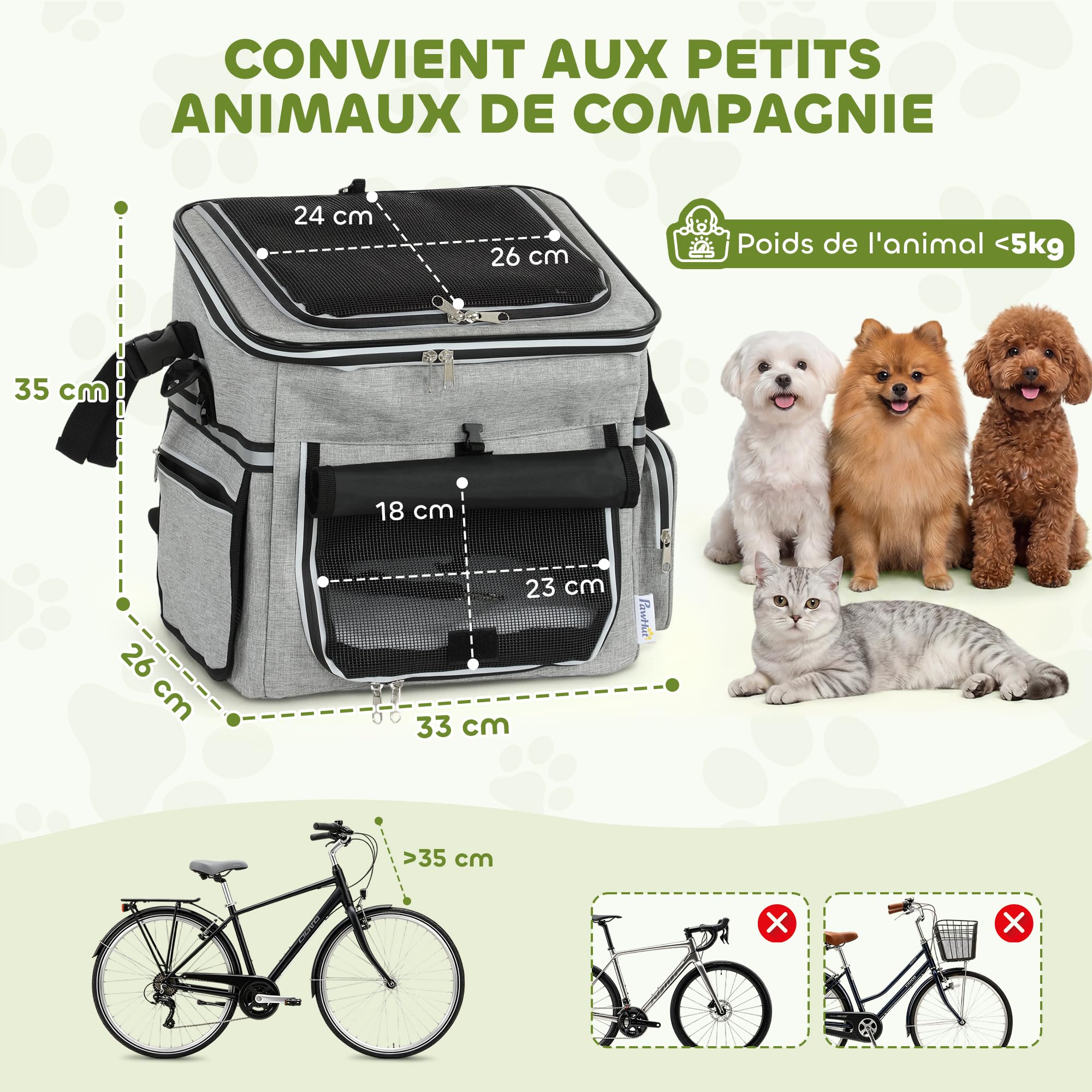 PawHut Cestello da bicicletta Anteriore per Cani Gatti, Cestino Bici Anteriore Portatile con Guinzaglio di Sicurezza, Base Rigida Rimovibile, Coperchio Staccabile, Cuscino Soffice, Finestre e Porta