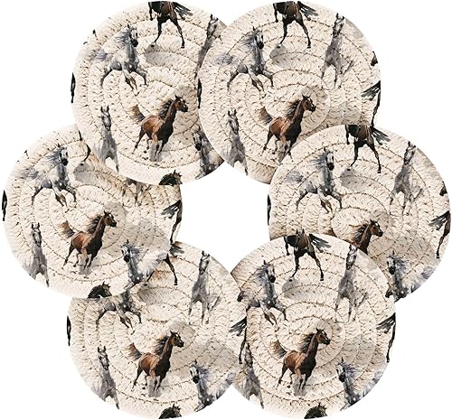 Miniatura 5 de Juego de 6 posavasos para bebidas con soporte para bebidas salvajes Mustang marrón, juego de 6 posavasos decorativos absorbentes de algodón tejido