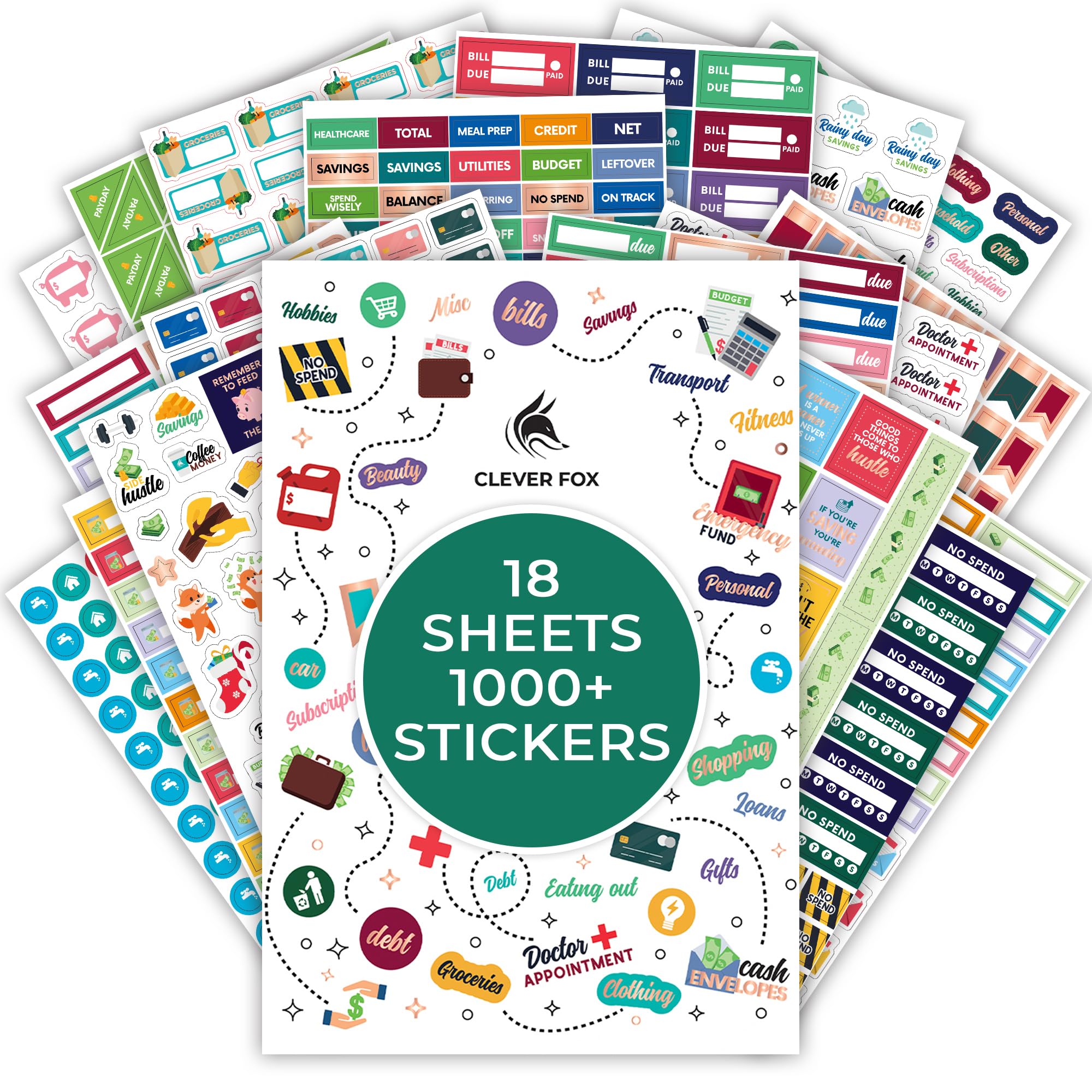 Budget Stickers by Clever Fox - 18 Sheets Set of 1030+ Unique Budget Planner Stickers for Your Monthly, Weekly & Daily Planner, Budget Planner, Calendar or Journal, Budget Sticker Book (Budget Pack)