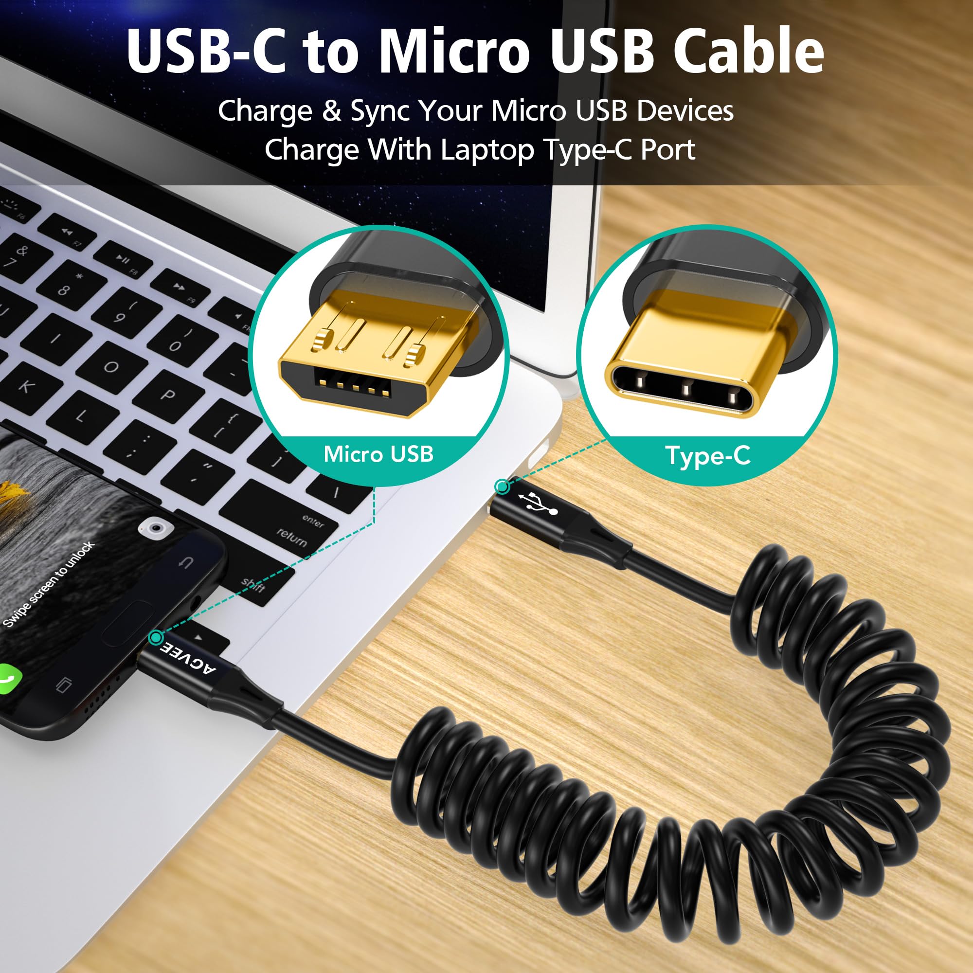 AGVEE Cavo di ricarica a spirale da USB-C a micro USB da 0,9 m, certificato USB-IF, 2 A, ricarica rapida, cavo di sincronizzazione dati per controller Xbox One, PS4, Kindle, vecchio telefono Android