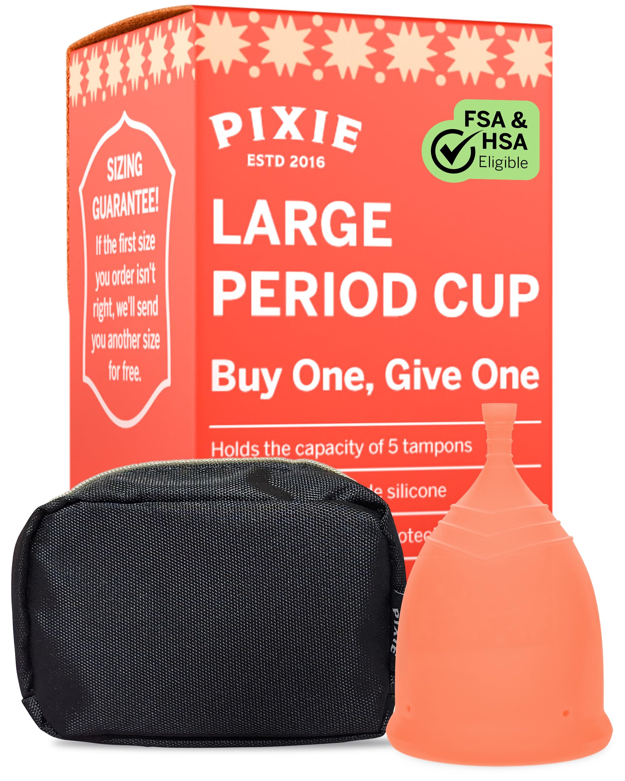 Pixie Menstrual Cup - 100% Medical-Grade Silicone Reusable Period Cup - Eco-Friendly, No Metals or Toxins - 12-Hr Leakproof, Odor-Free - Tampon Alternative (Large)