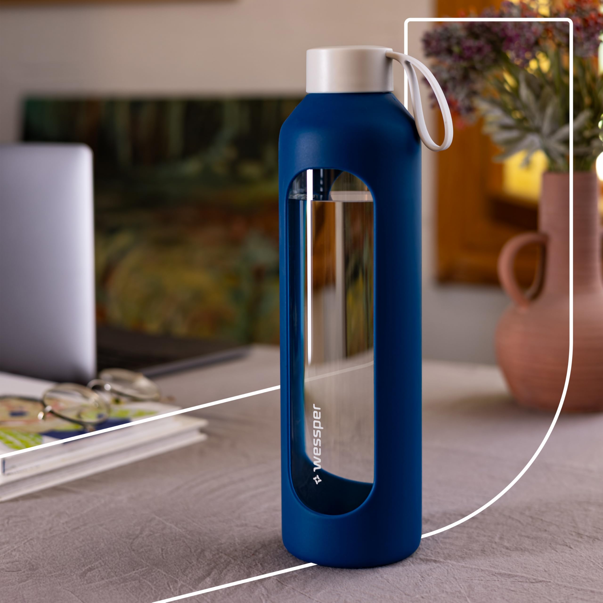 Wessper Botella de Agua Cristal, Botella 1 Litro Motivadora con Escala de Hidratación, Botellas de Vidrio Borosilicato con Funda de Silicona, Material Seguro sin BPA - Azul