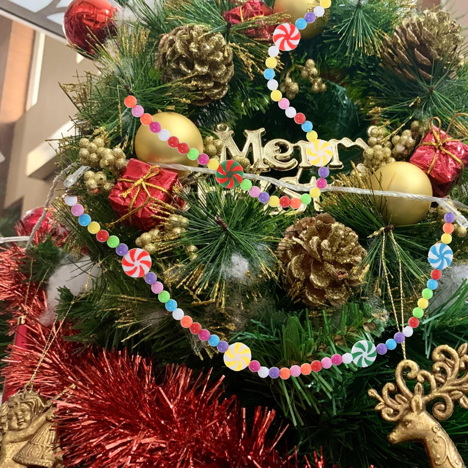 HOMSFOU Christmas Candy Garland Skewers 78 Inch Candy Cane Christmas Garland Party Decoration Sweet Beaded Decor for Home Festive Ornament - Image 4