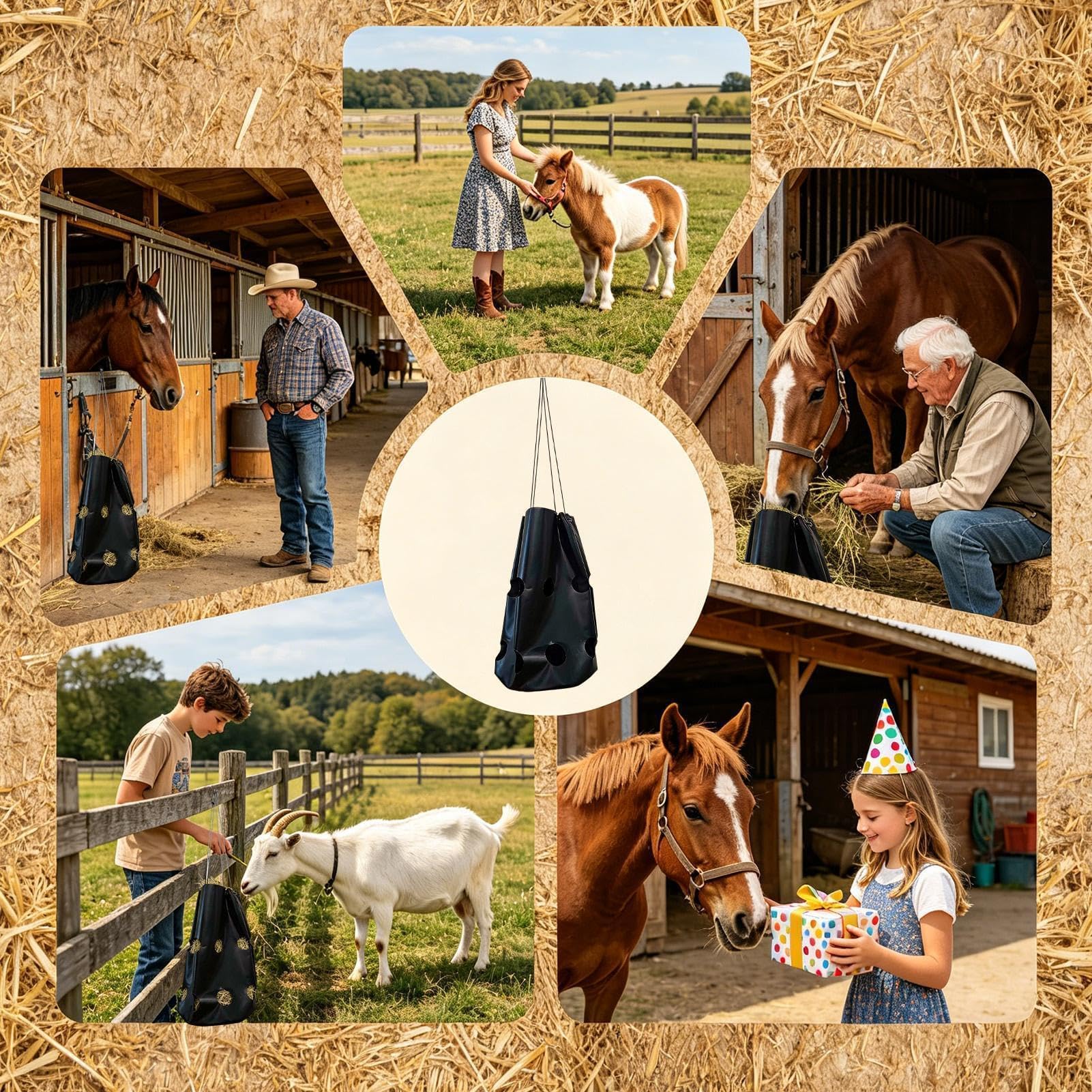 Bolsas de heno para caballos | Organizador grande ajustable con 16 agujeros | Red de alimentación lenta de heno | para cabras, ovejas, establos, remolques, transporte, paddock, granja, rancho
