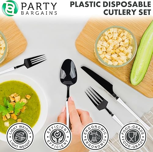Miniatura 7 de Party Bargains Juego de cubiertos desechables de plástico negro y blanco, utensilios de diseño moderno infinito, paquete de 80 32 tenedores, 16