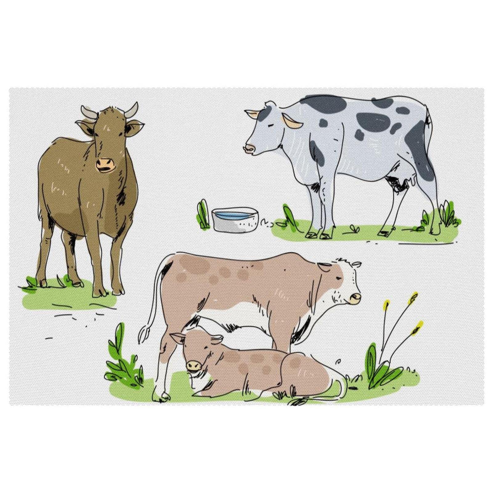 Set de table vache lot de 6 en herbe dessinée à la main de style ferme champêtre 30x45 cm