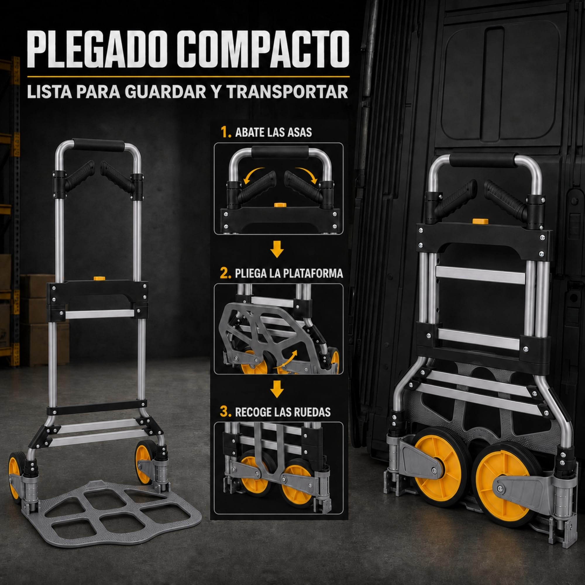 UZIRO Carretilla Plegable con Ruedas de Aluminio, con Mango Telescópico y Soporte Extra, Capacidad de 150 Kg, Plataforma Abatible y 2 Ruedas, Carretilla de Mano Plegable, Carro Transporte Plegable