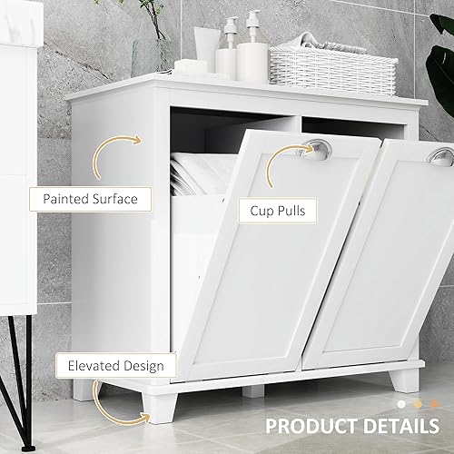 Miniatura 5 de HOMCOM Armario clasificador de ropa sucia inclinable, organizador de almacenamiento de baño con cesta inclinable de dos compartimentos, color blanco