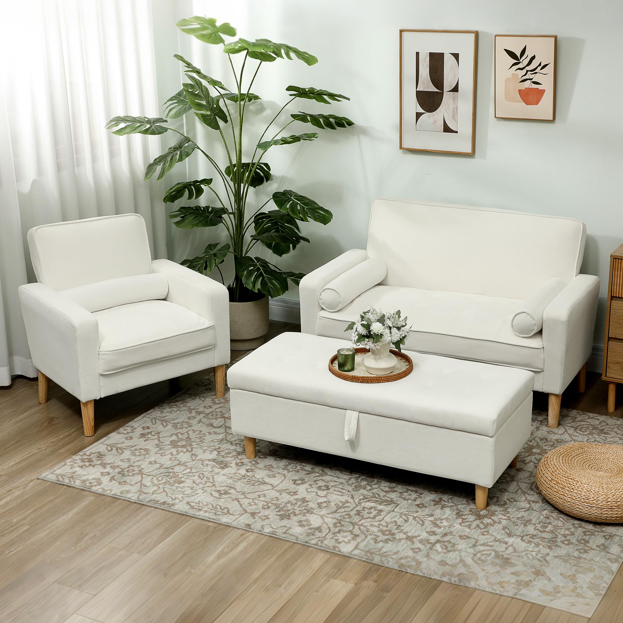 HOMCOM Sofá de 2 Plazas Tapizado en Terciopelo Sofá de Salón de 130 cm con Asiento Capitoné 2 Almohadas y Patas de Madera para Espacios Pequeños Dormitorio Sala de Estar Oficina Crema