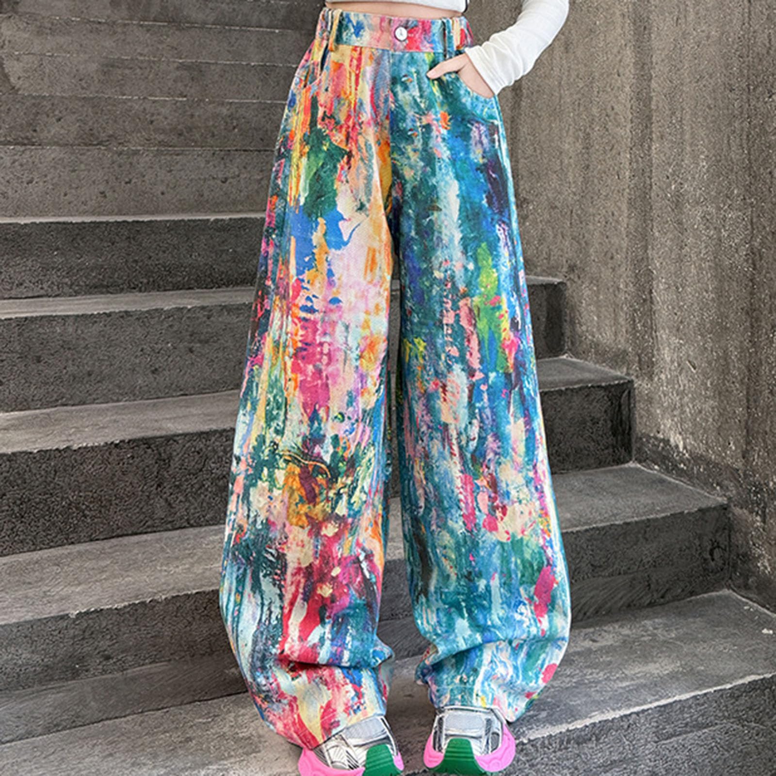 Pantalones Vaqueros Holgados para NiñAs, TeñIdo Tie-Dye Colorido Estilo, De Cintura Alta, De Pierna Ancha, Holgados, Estilo Streetwear, Vaqueros De Mezclilla, Ropa Hip Hop, para Adolescentes