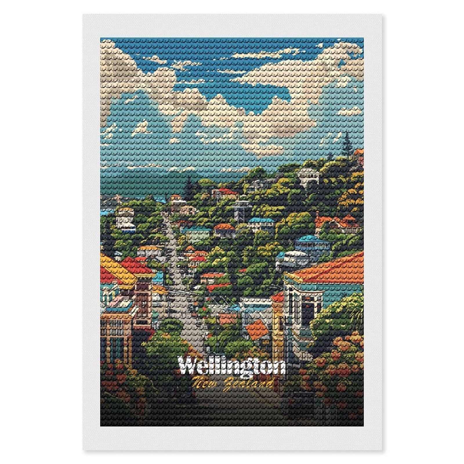 Junmoney Wellington, New Zealand Cityscape Diamond Painting Set 8"x12", Arts and Crafts, Wall Art Gift, Full Kit Included, Relaxing Handmade Project