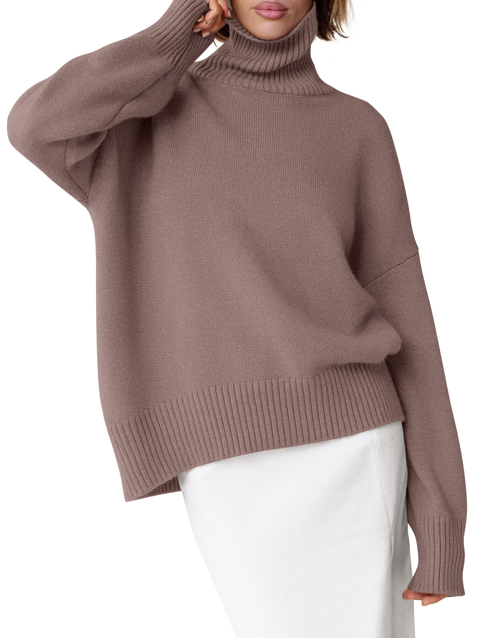 ANRABESS Womens Turtleneck Sweaters Oversized Chunky Long Sleeve Knit High Low Hem Pullover Top 2026 Fall Winter Fashion