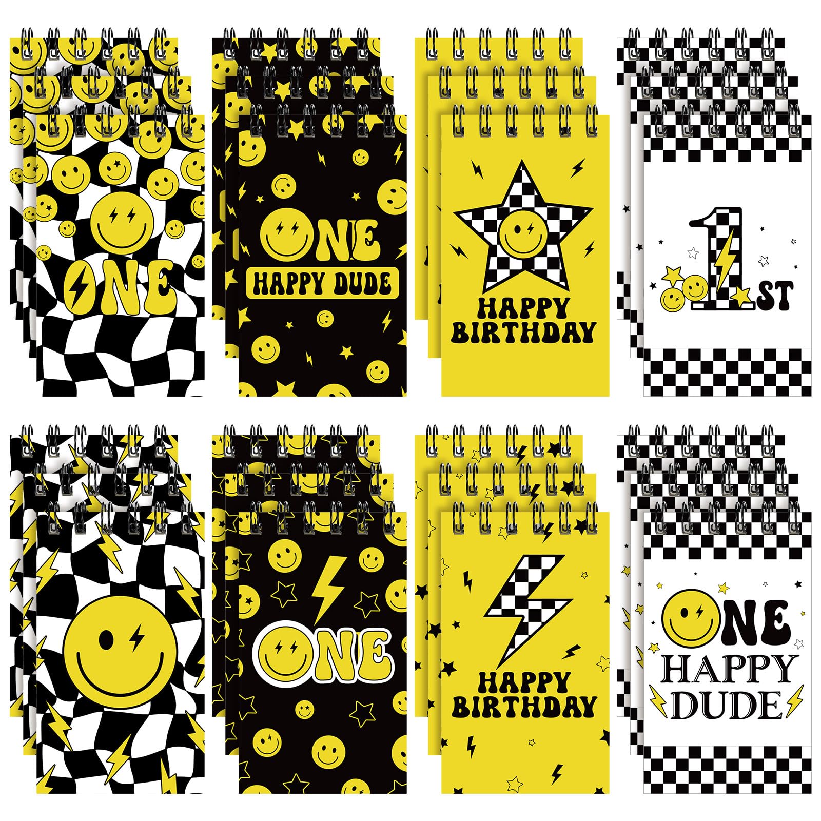 Yeaqee24 Packs Mini One Happy Dude Party Notebooks Smile Face Party Spiral Pocket Notepads 1st Birthday Memo Spiral Tiny Notebooks for Birthday Baby Shower Birthday Party Office Supplies