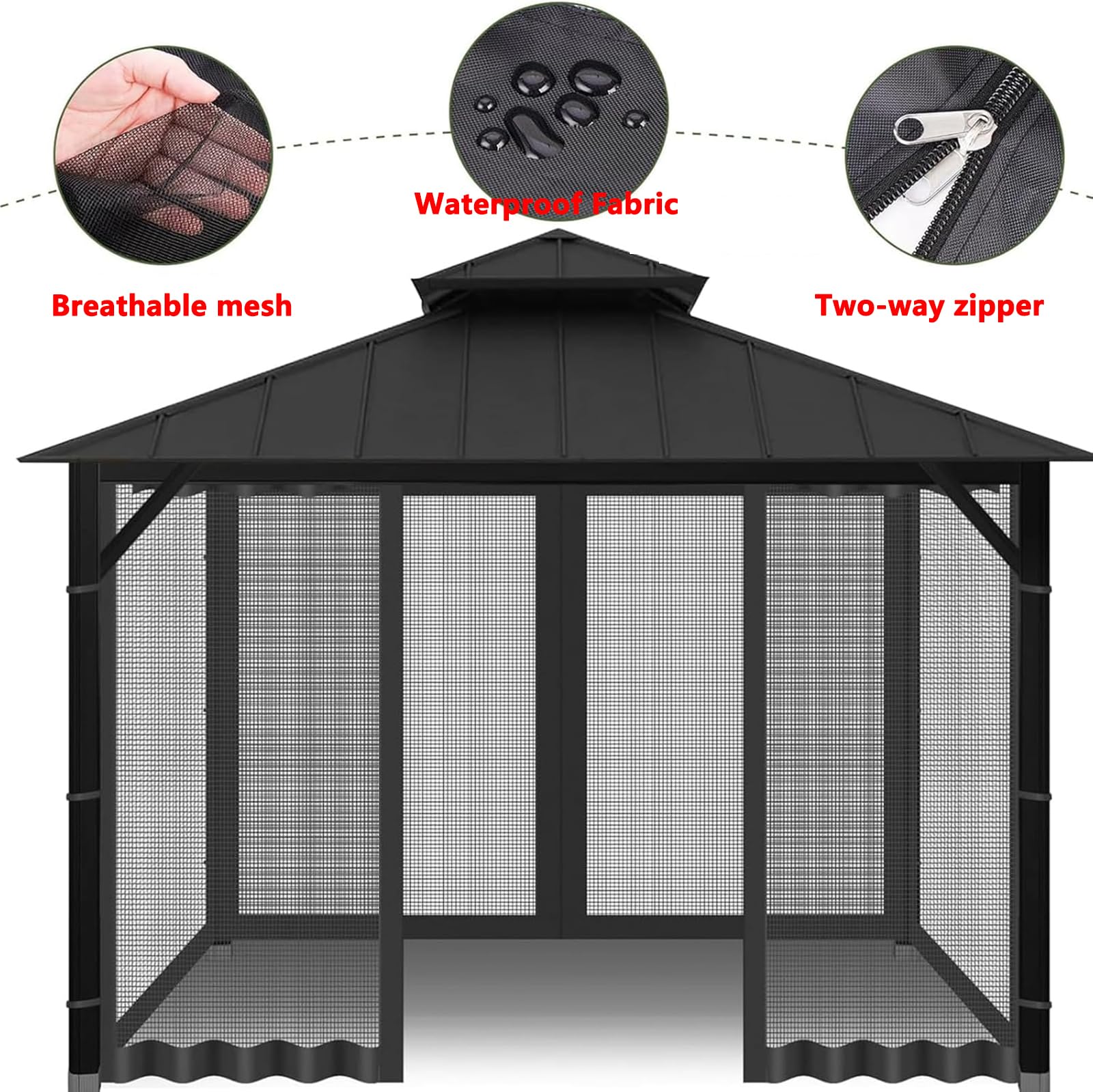 Uniwersalna moskitiera do pawilonu, 4 panele, baldachim i pergola, ściany boczne, 3 x 3 m, siatka z 2-kierunkowym zamkiem błyskawicznym, do namiotu podwórkowego, patio (czarna)